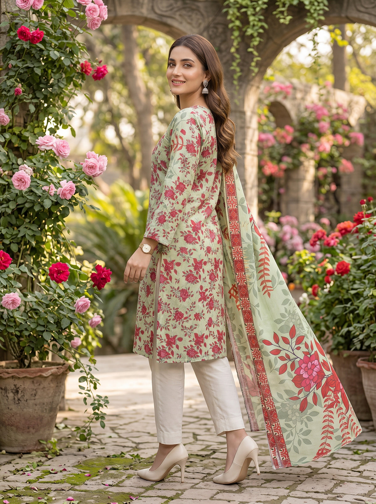 Pistachio Green Printed Nishat Linen 3 Piece Suit  HTML CODE: