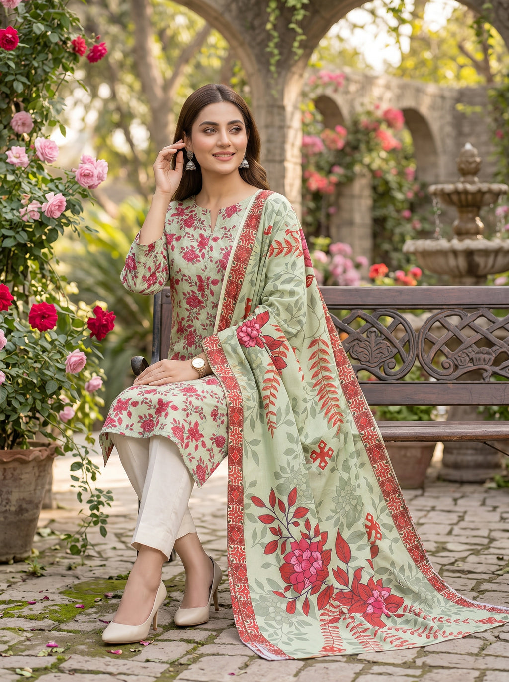 Pistachio Green Printed Nishat Linen 3 Piece Suit  HTML CODE: