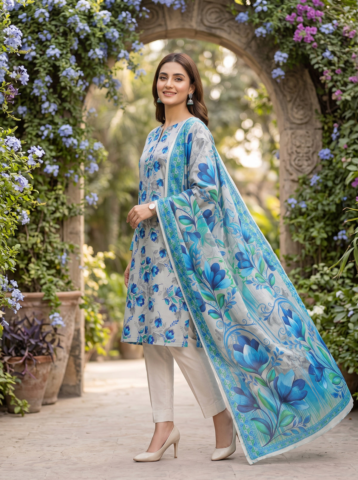 Light Blue Printed Nishat Linen 3 Piece Suit