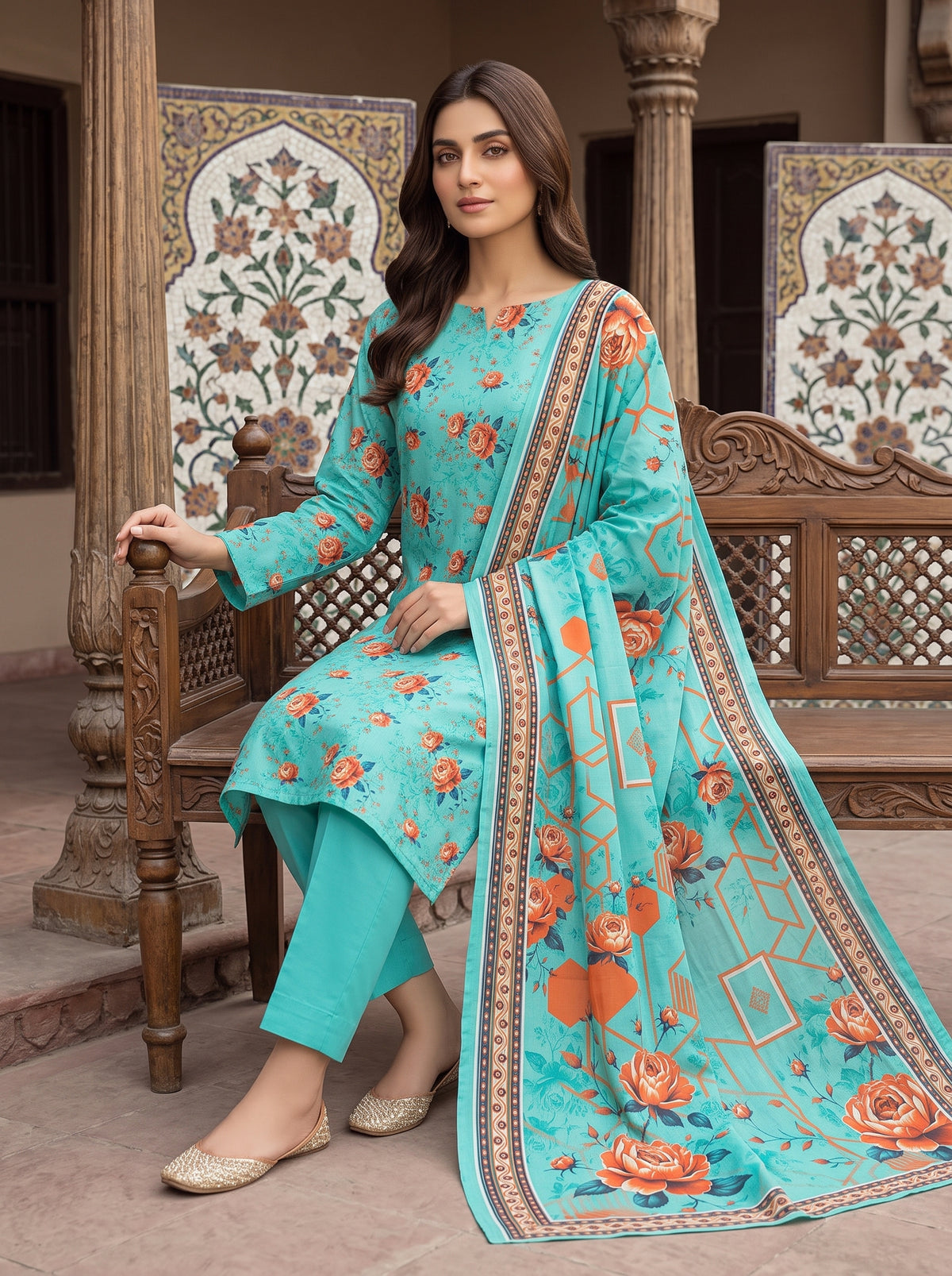 Turquoise Blue Printed Nishat Linen 3 Piece Suit