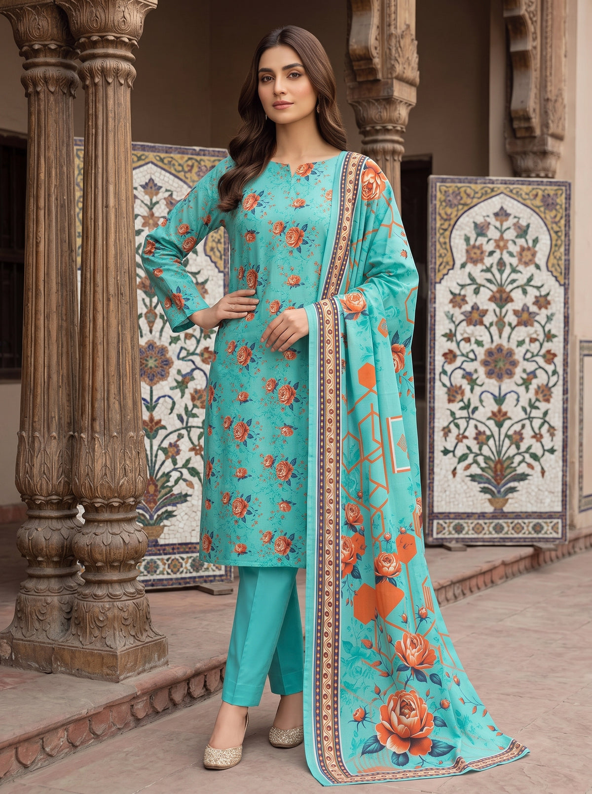 Turquoise Blue Printed Nishat Linen 3 Piece Suit