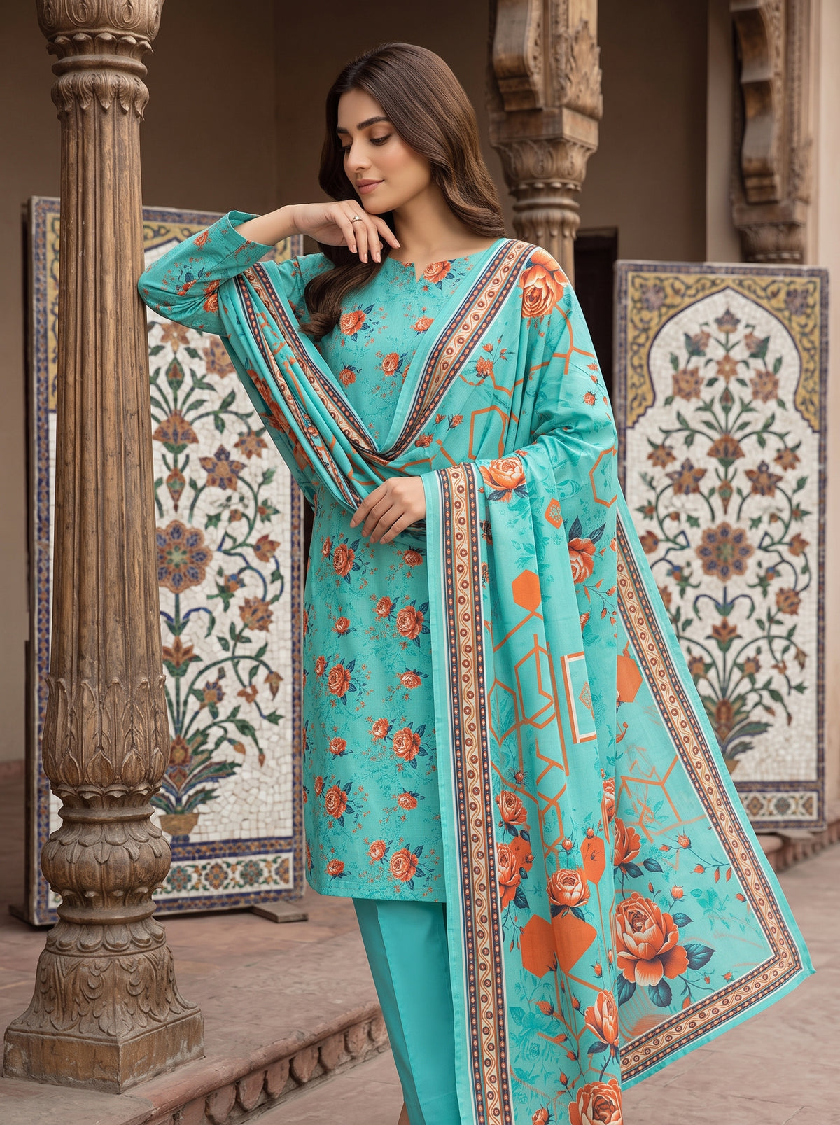 Turquoise Blue Printed Nishat Linen 3 Piece Suit