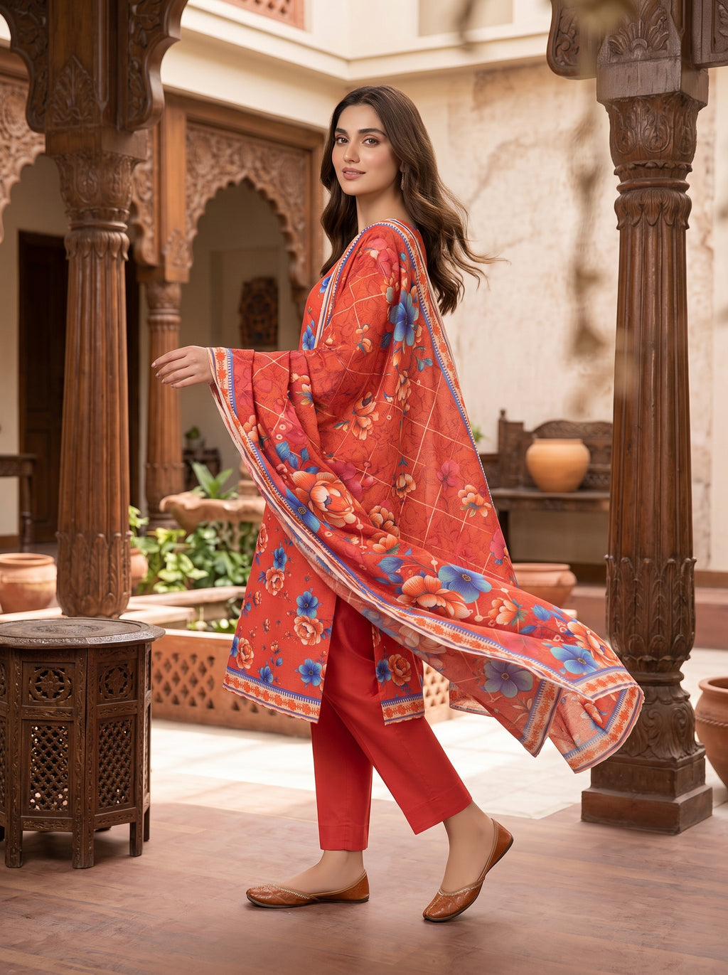 Orange Printed Nishat Linen 3 Piece Suit