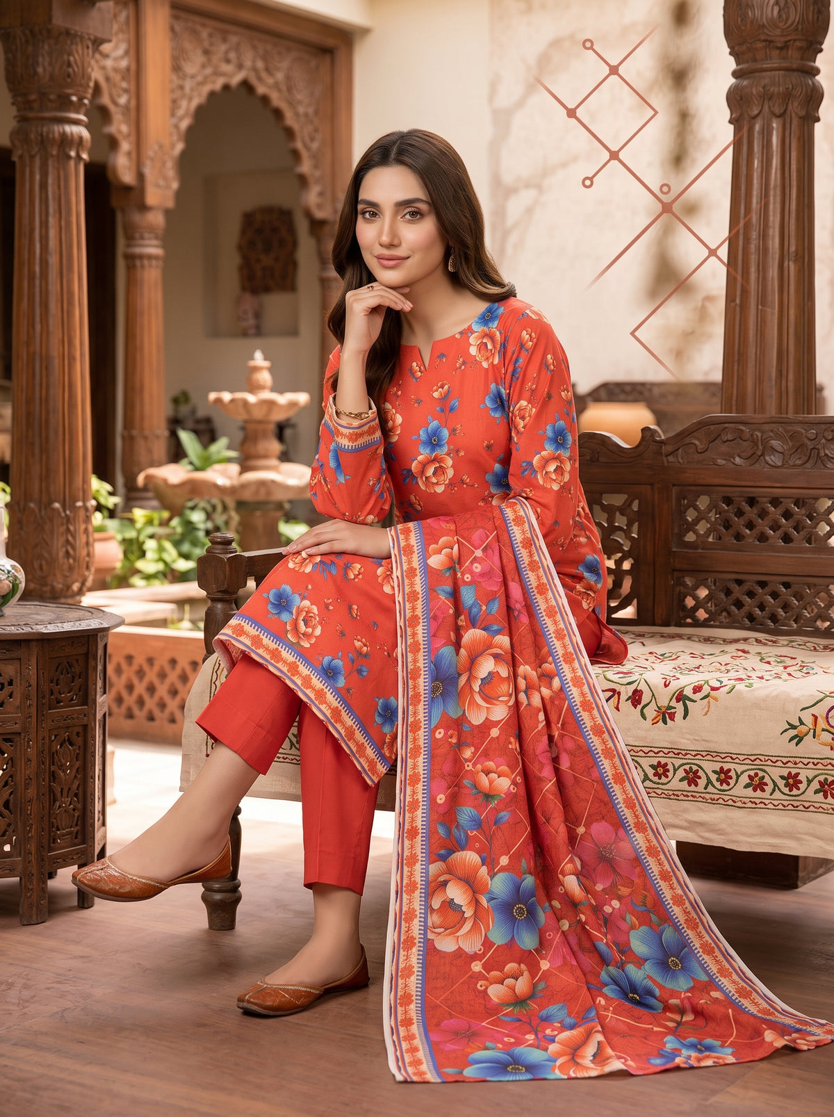 Orange Printed Nishat Linen 3 Piece Suit