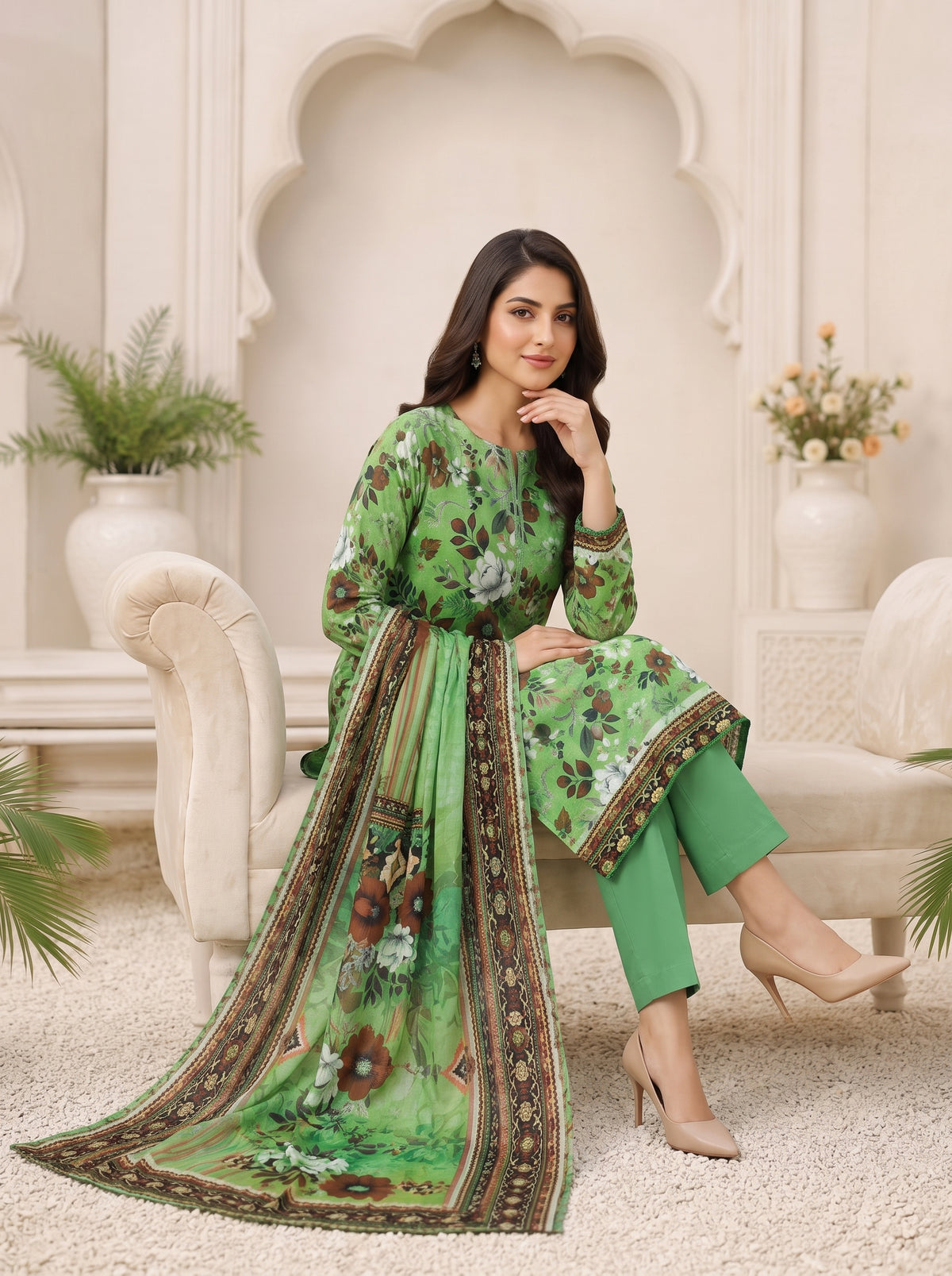 Emerald Green Printed Nishat Linen 3 Piece Suit