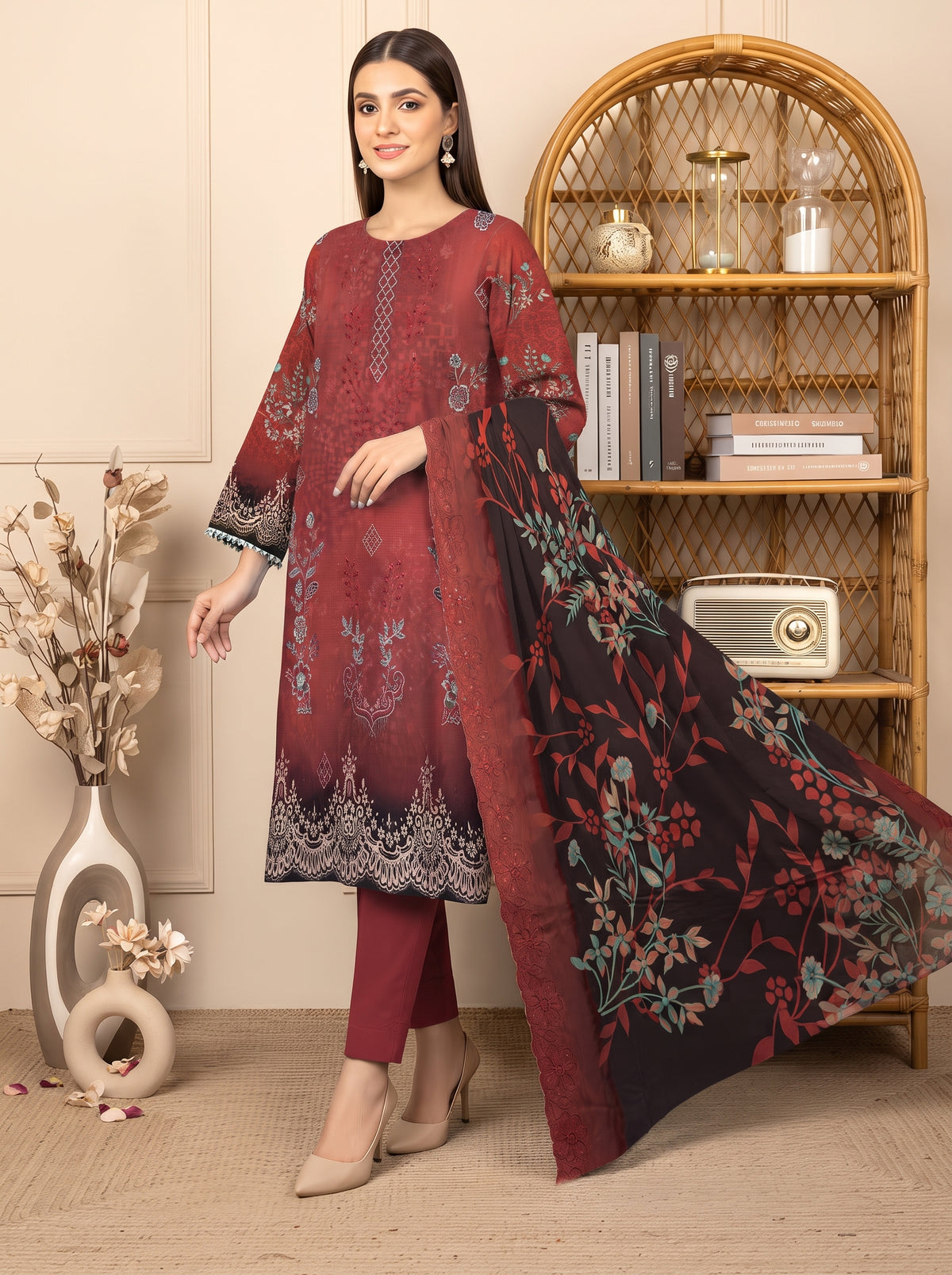 Bana Doria Exclusive Linen – Maroon & Black Embroidered 3 Piece Suit