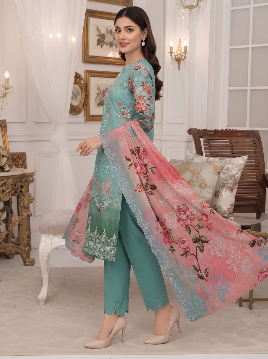 Bana Doria Exclusive Linen – Sea Green & Coral Pink Embroidered 3 Piece Suit