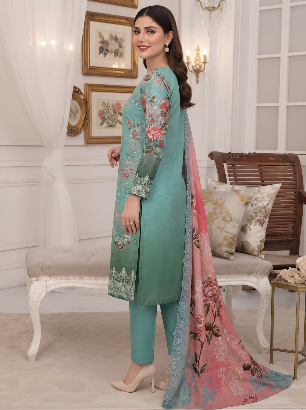 Bana Doria Exclusive Linen – Sea Green & Coral Pink Embroidered 3 Piece Suit