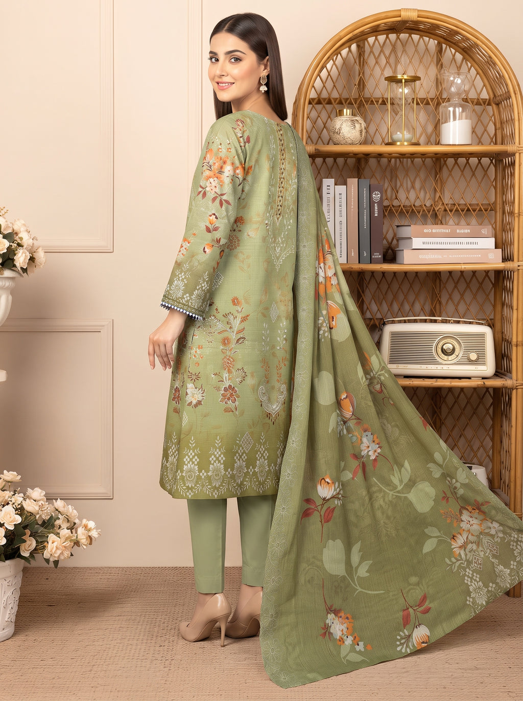 Bana Doria Exclusive Linen – Pistachio & Olive Green Embroidered 3 Piece Suit