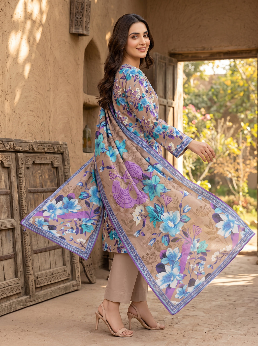 Beige Printed Nishat Linen 3 Piece Suit