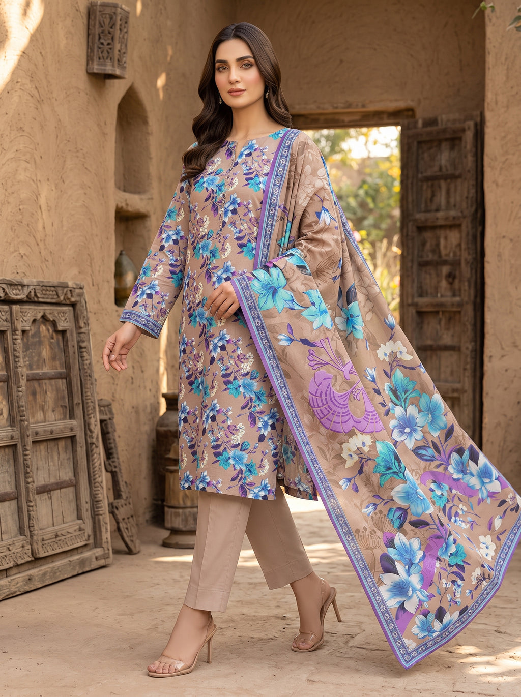 Beige Printed Nishat Linen 3 Piece Suit