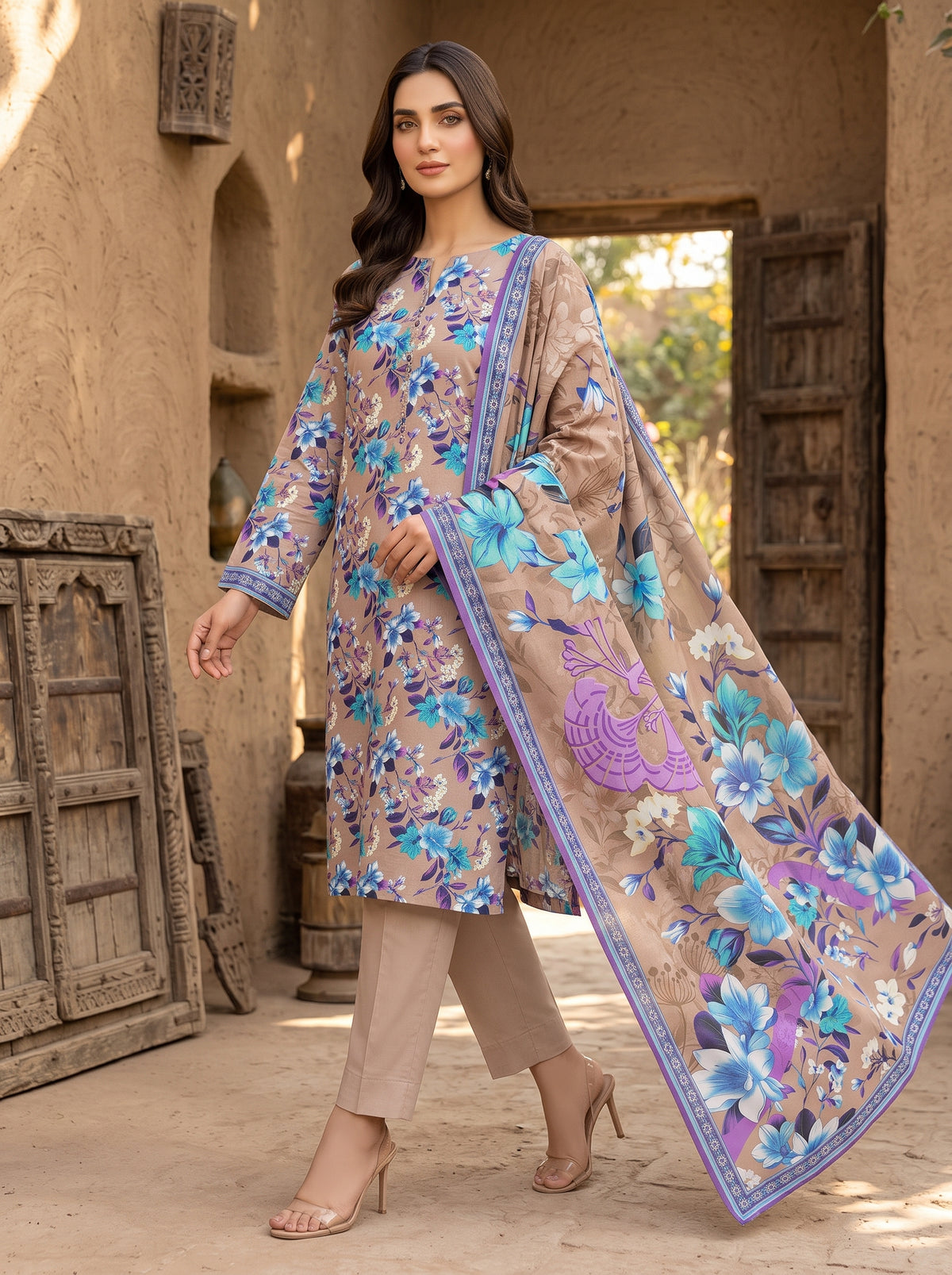Beige Printed Nishat Linen 3 Piece Suit