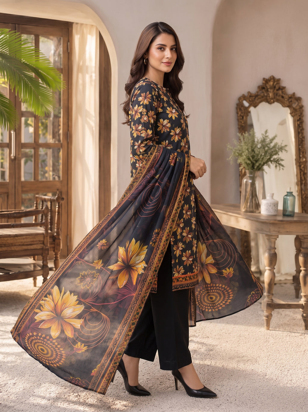 Black Printed Nishat Linen 3 Piece Suit