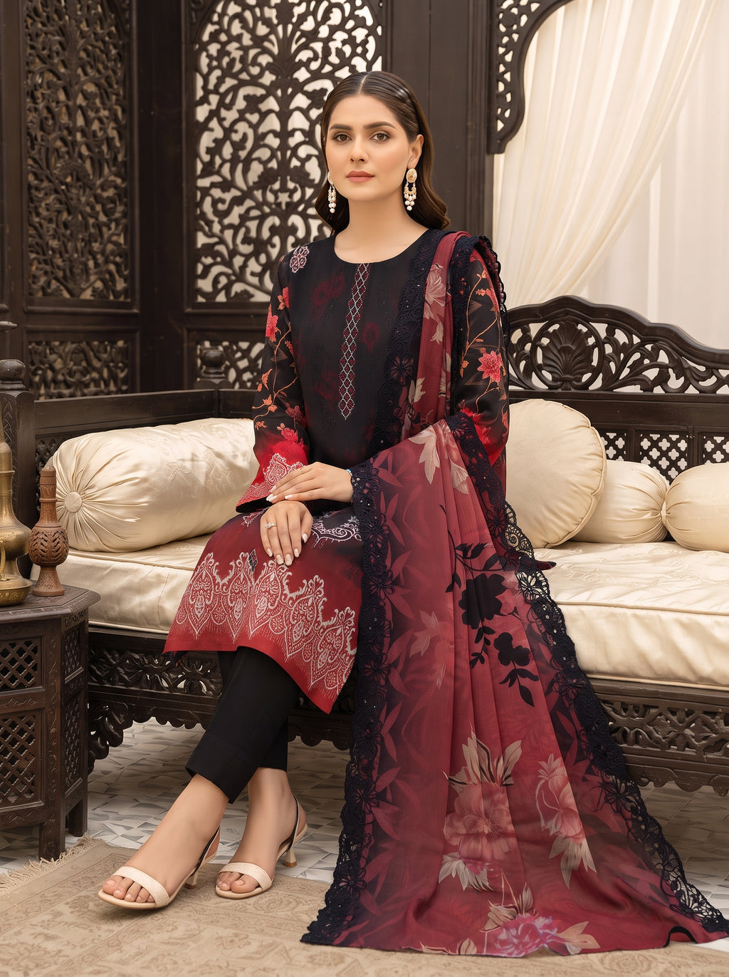 Bana Doria Exclusive Linen – Black & Crimson Red Embroidered 3 Piece Suit