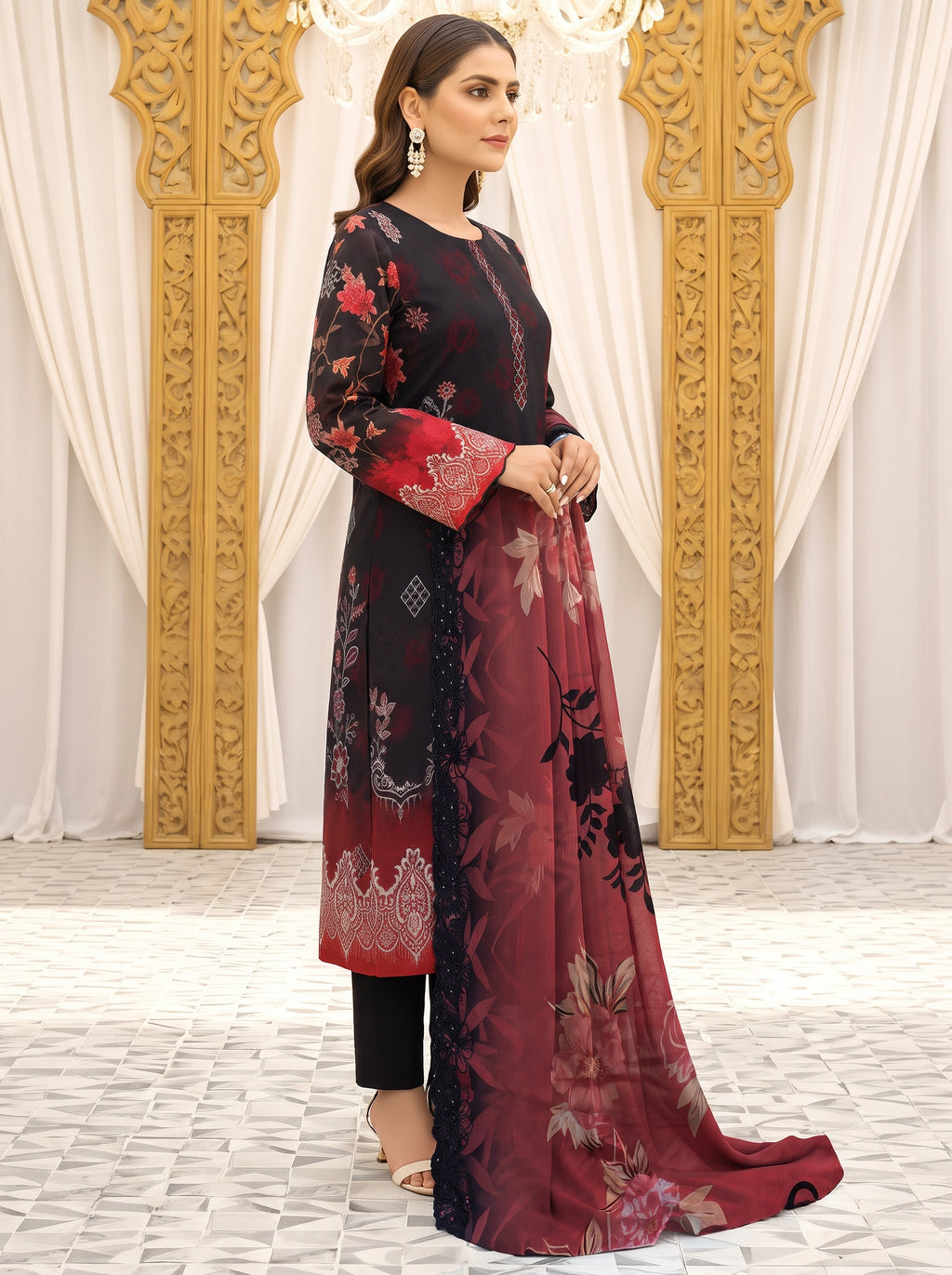 Bana Doria Exclusive Linen – Black & Crimson Red Embroidered 3 Piece Suit