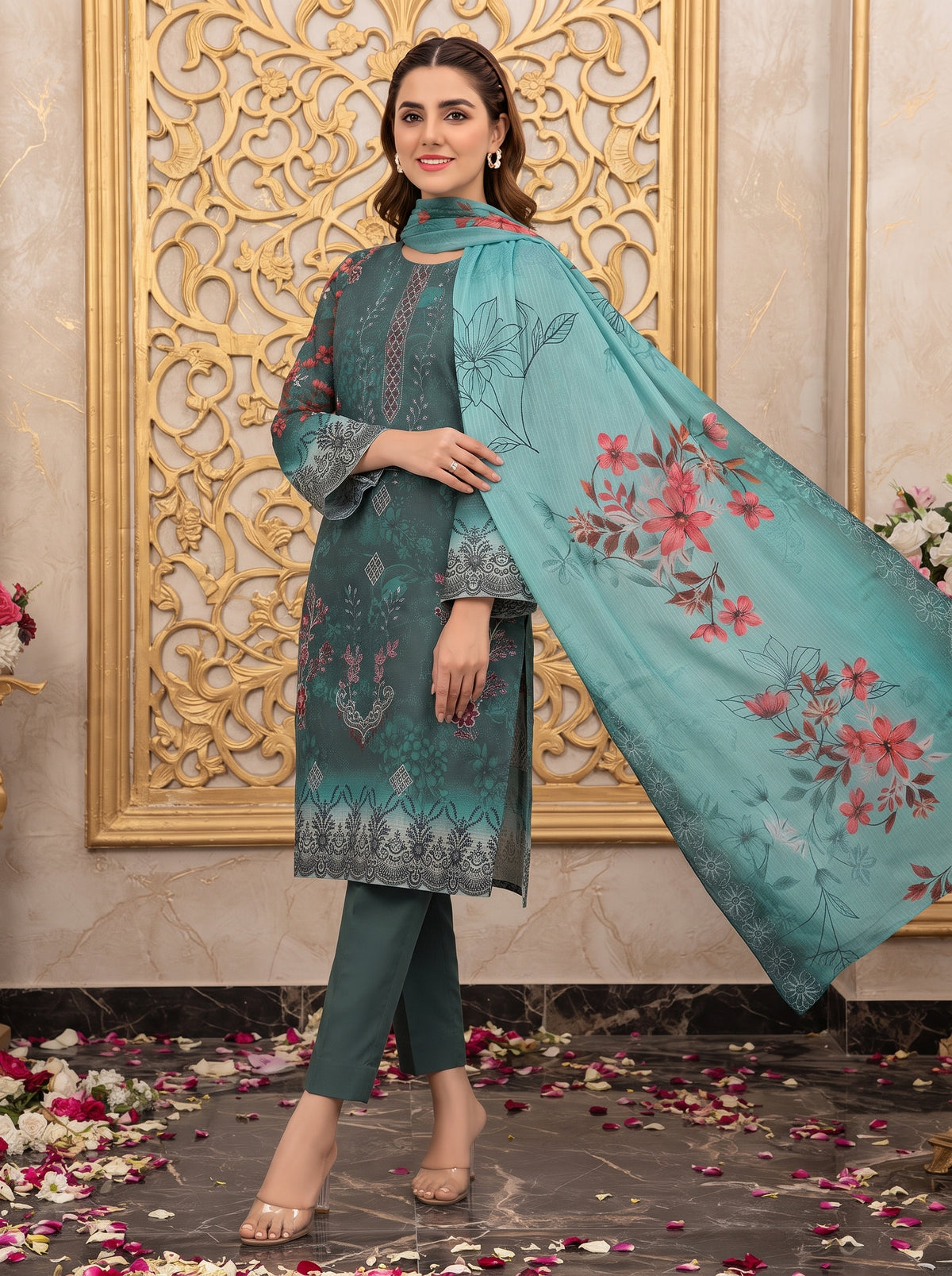 Bana Doria Exclusive Linen – Teal Green & Aqua Embroidered 3 Piece Suit