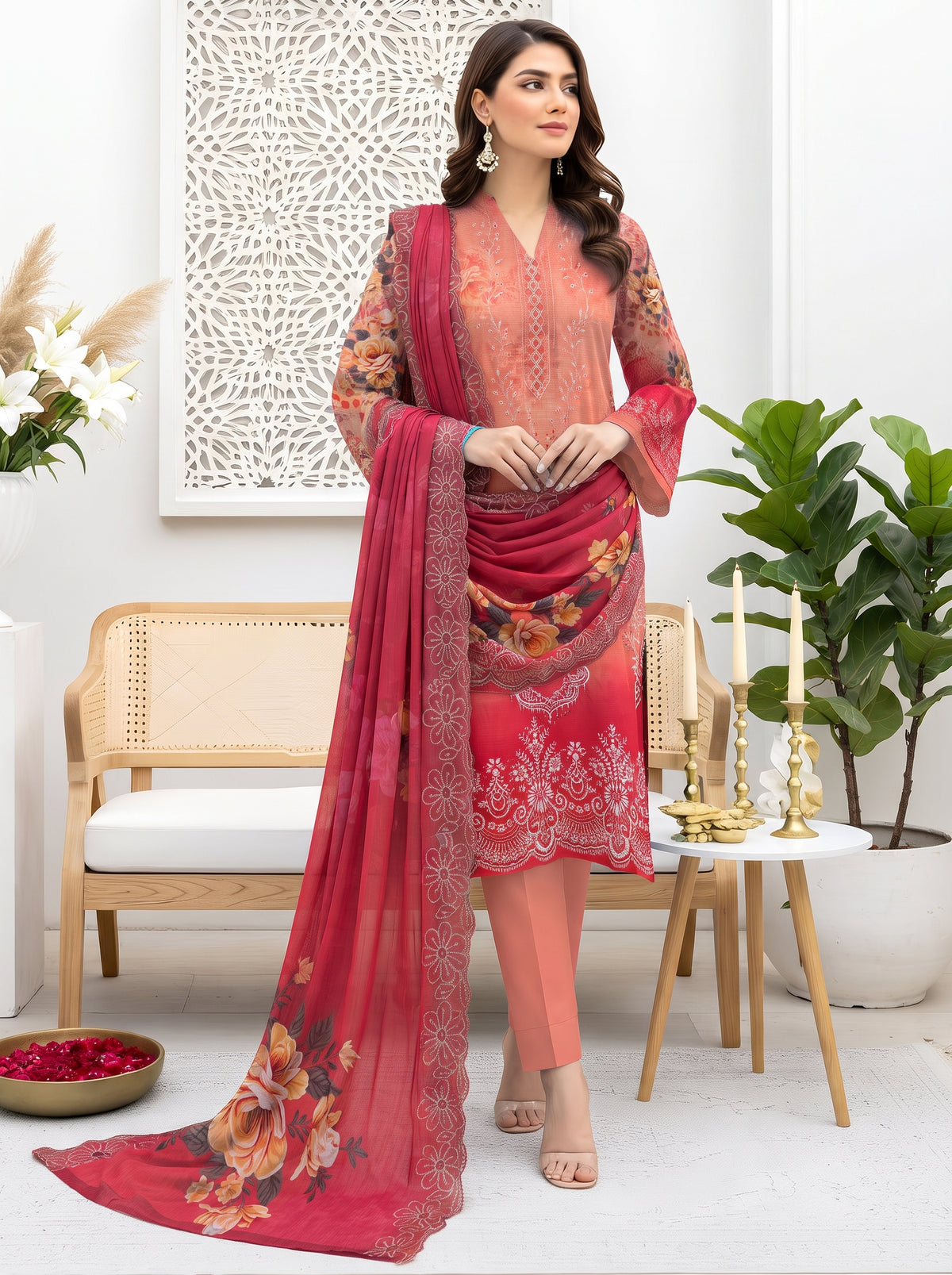 Bana Doria Exclusive Linen – Peach & Magenta Pink Embroidered 3 Piece Suit