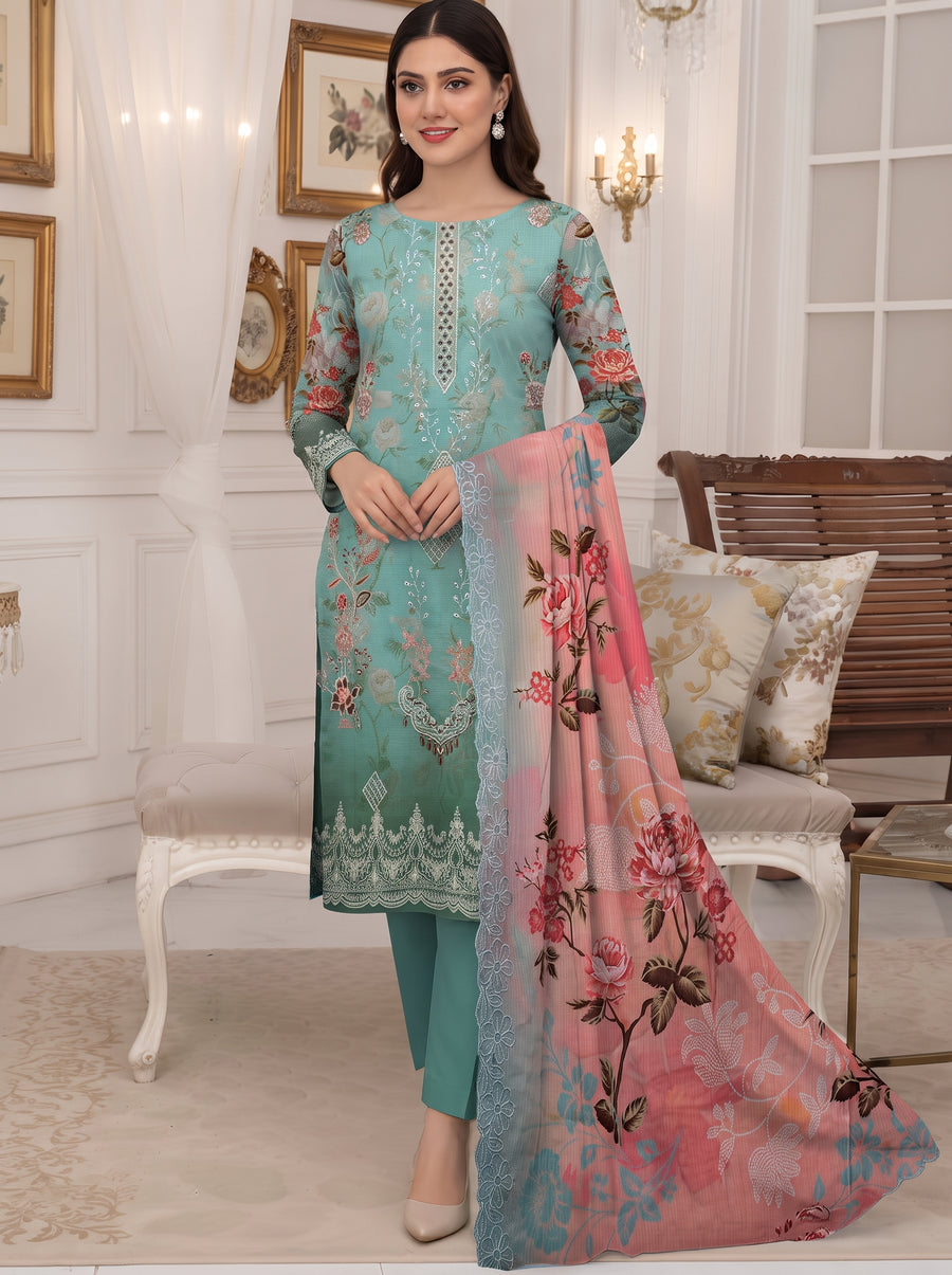 Bana Doria Exclusive Linen – Sea Green & Coral Pink Embroidered 3 Piece Suit