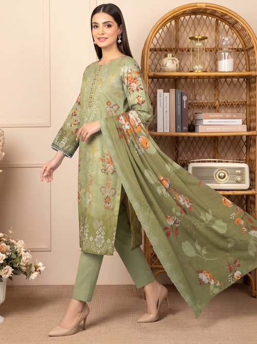 Bana Doria Exclusive Linen – Pistachio & Olive Green Embroidered 3 Piece Suit