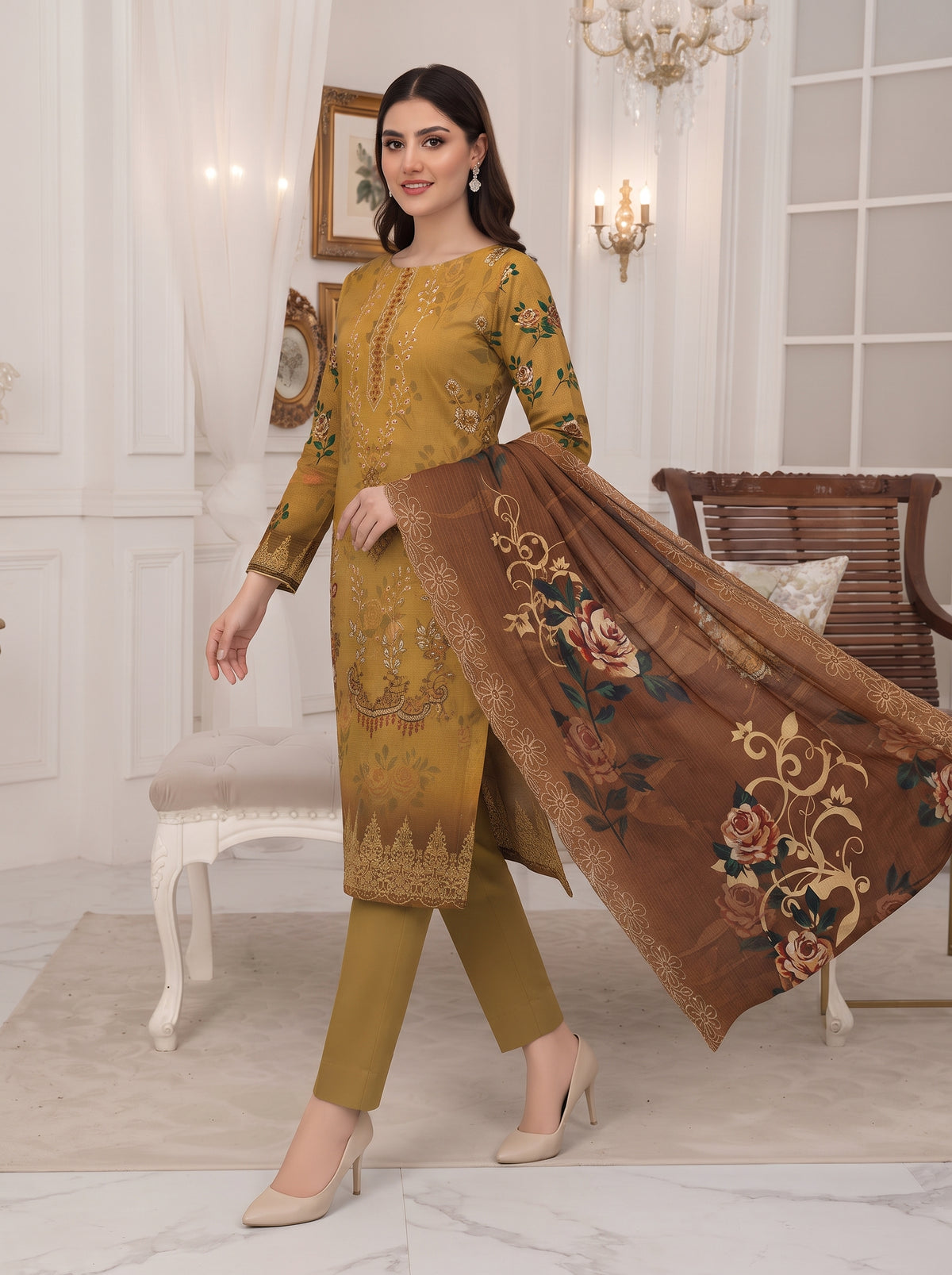 Bana Doria Exclusive Linen – Mustard Gold & Chestnut Brown Embroidered 3 Piece Suit