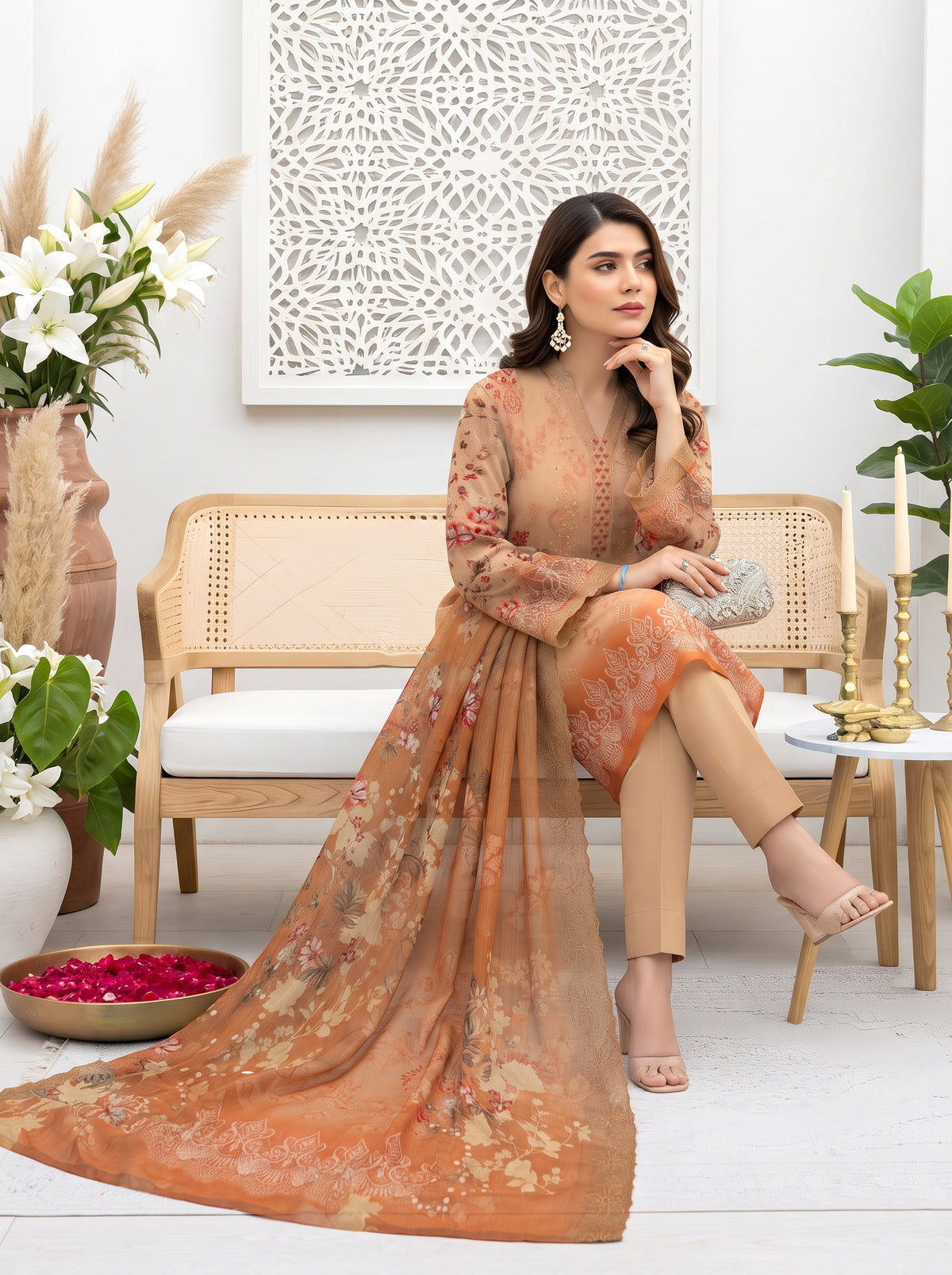 Bana Doria Exclusive Linen – Light Beige & Ochre Orange Embroidered 3 Piece Suit