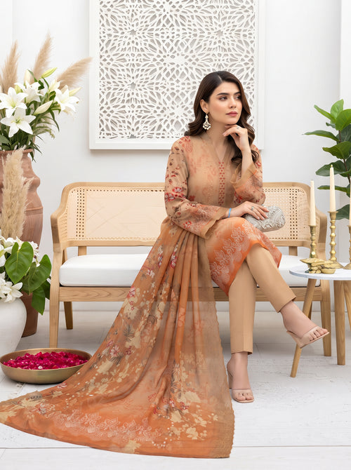 Bana Doria Exclusive Linen – Light Beige & Ochre Orange Embroidered 3 Piece Suit