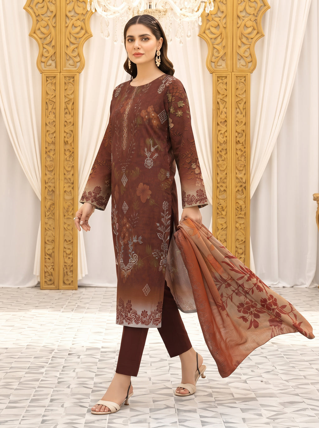 Bana Doria Exclusive Linen – Deep Rust & Terracotta Embroidered 3 Piece Suit