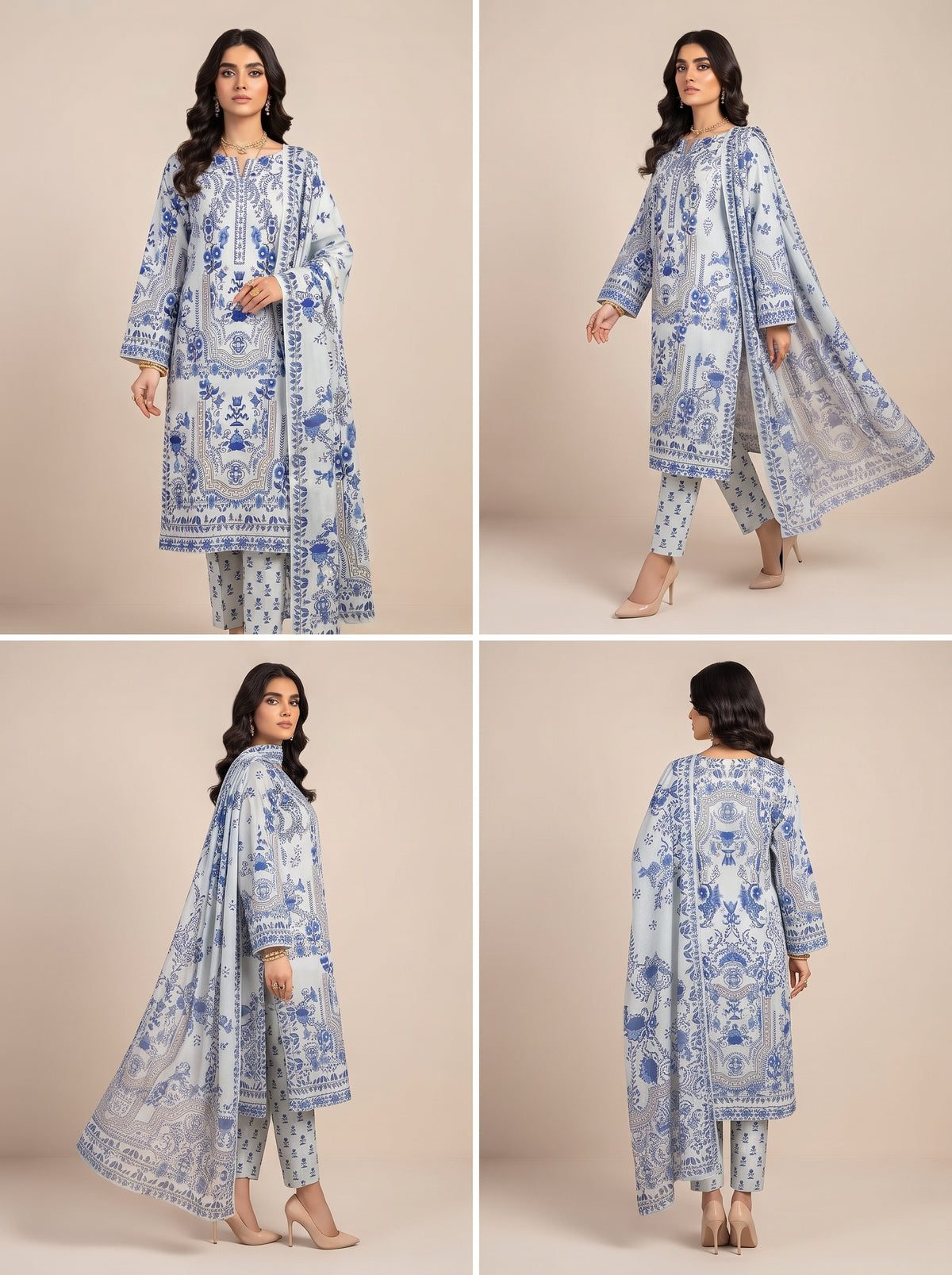 Blue & White Printed Shamooz Silk 3 Piece Suit