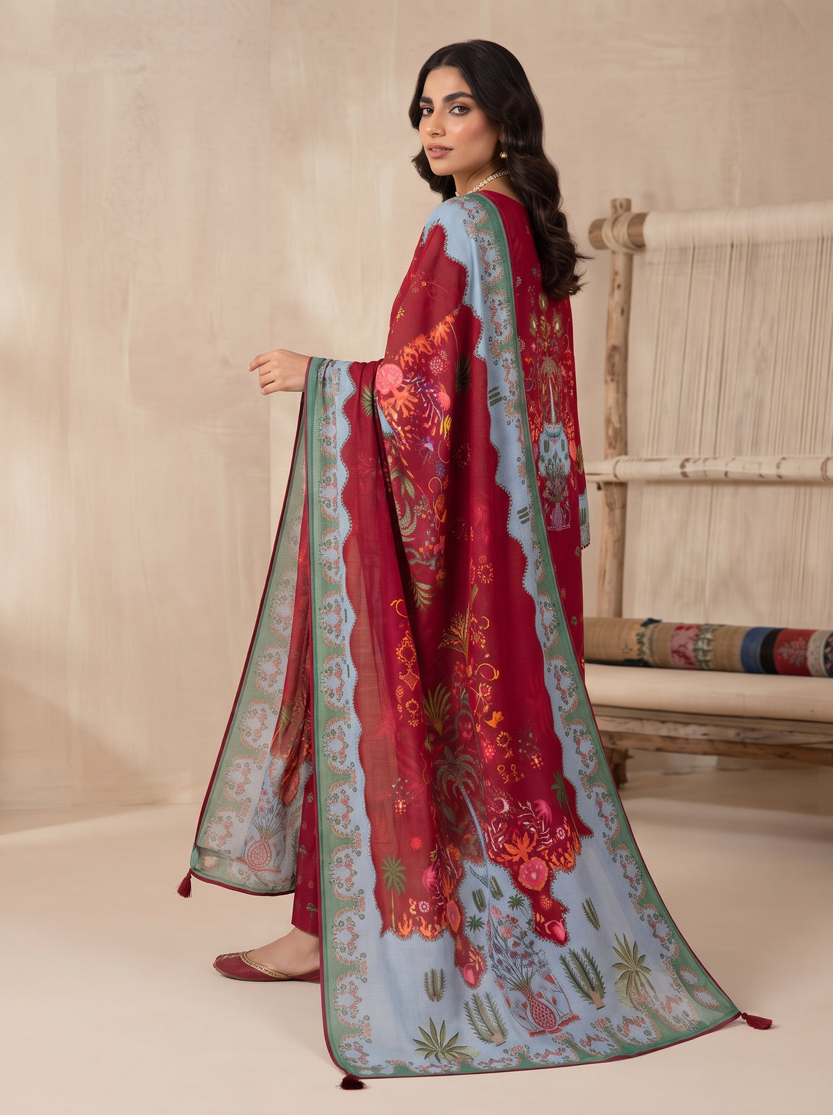 Maroon Printed Shamooz Silk 3 Piece Suit