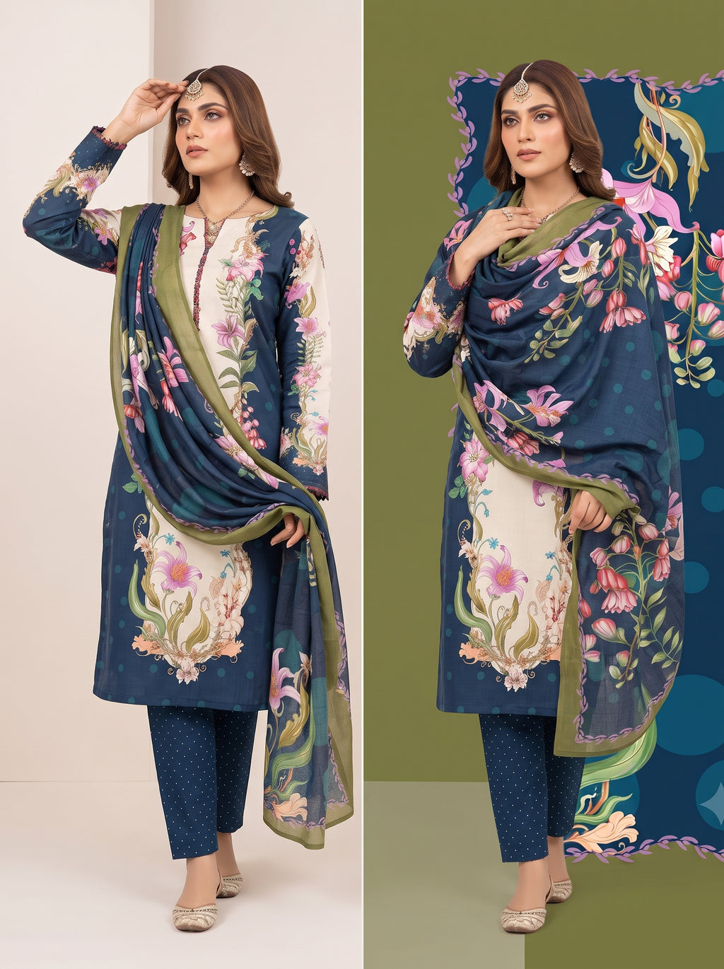 Navy Blue Printed Shamooz Silk 3 Piece Suit