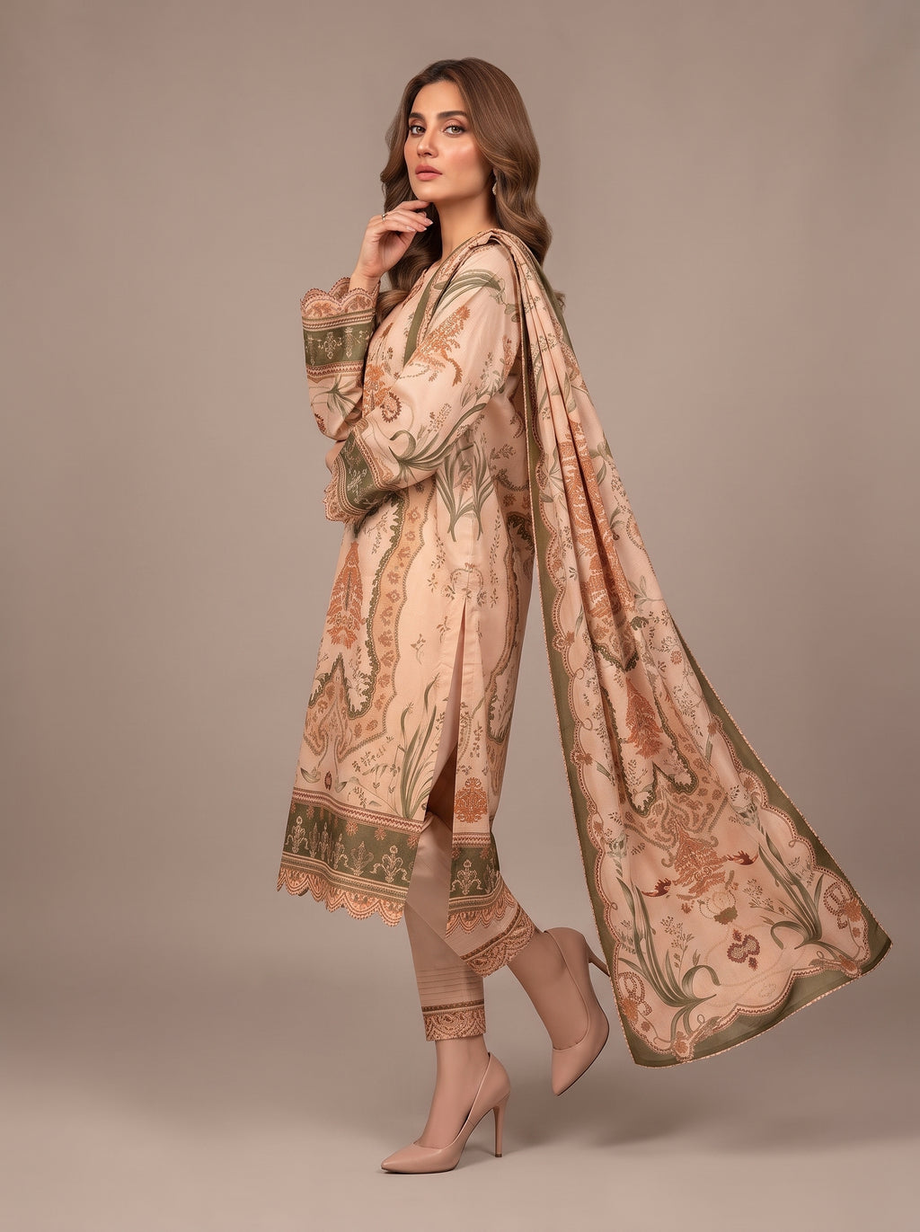 Peach Printed Shamooz Silk 3 Piece Suit