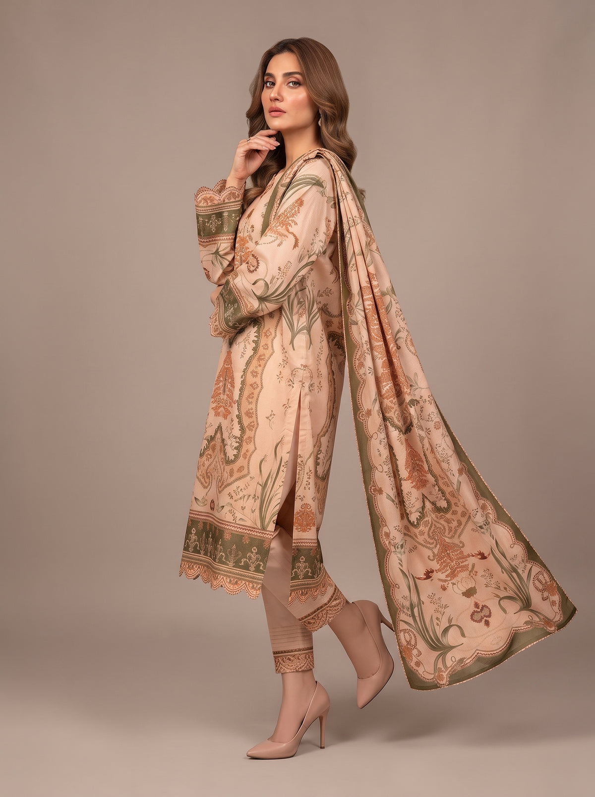 Peach Printed Shamooz Silk 3 Piece Suit