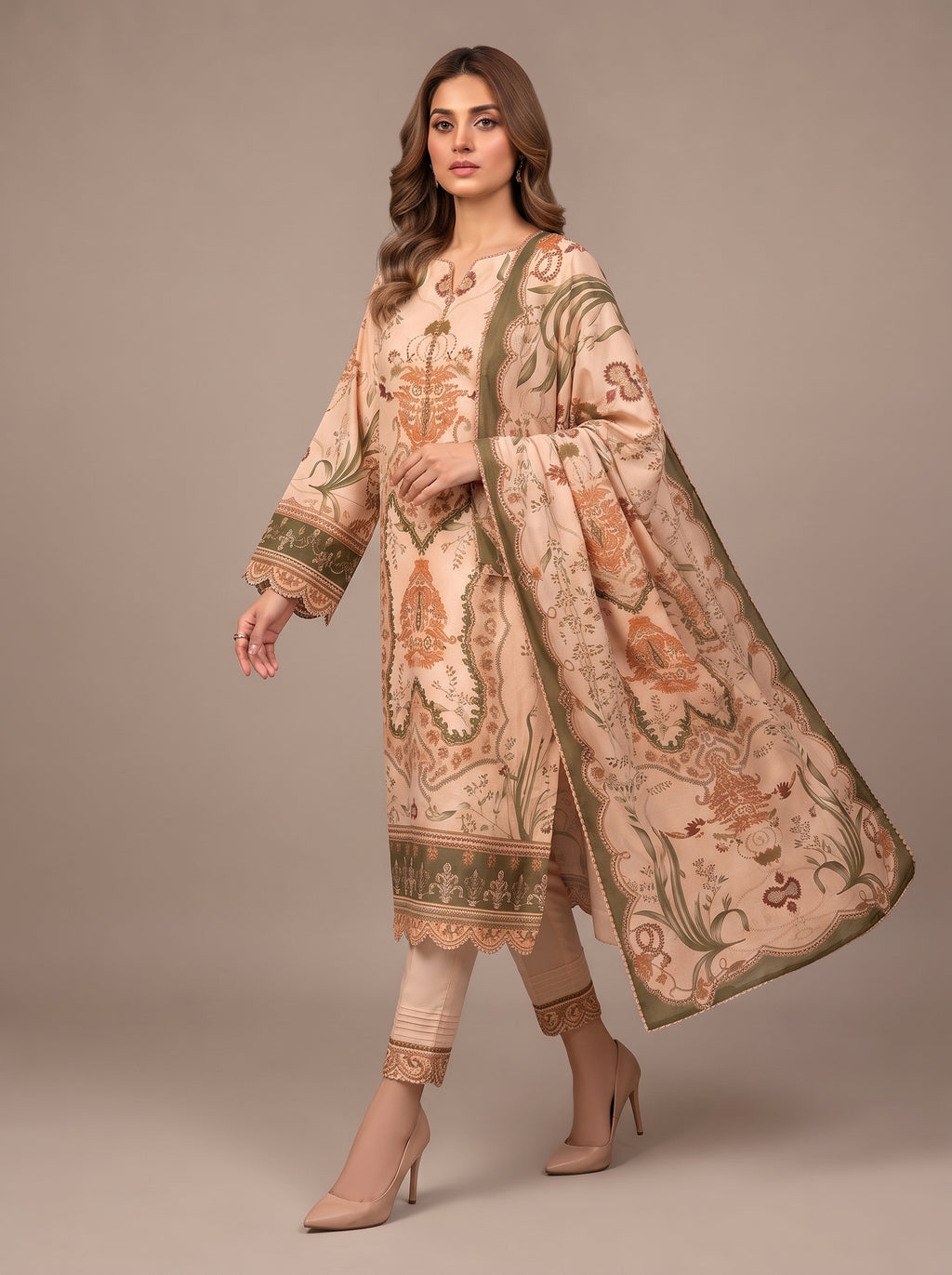 Peach Printed Shamooz Silk 3 Piece Suit