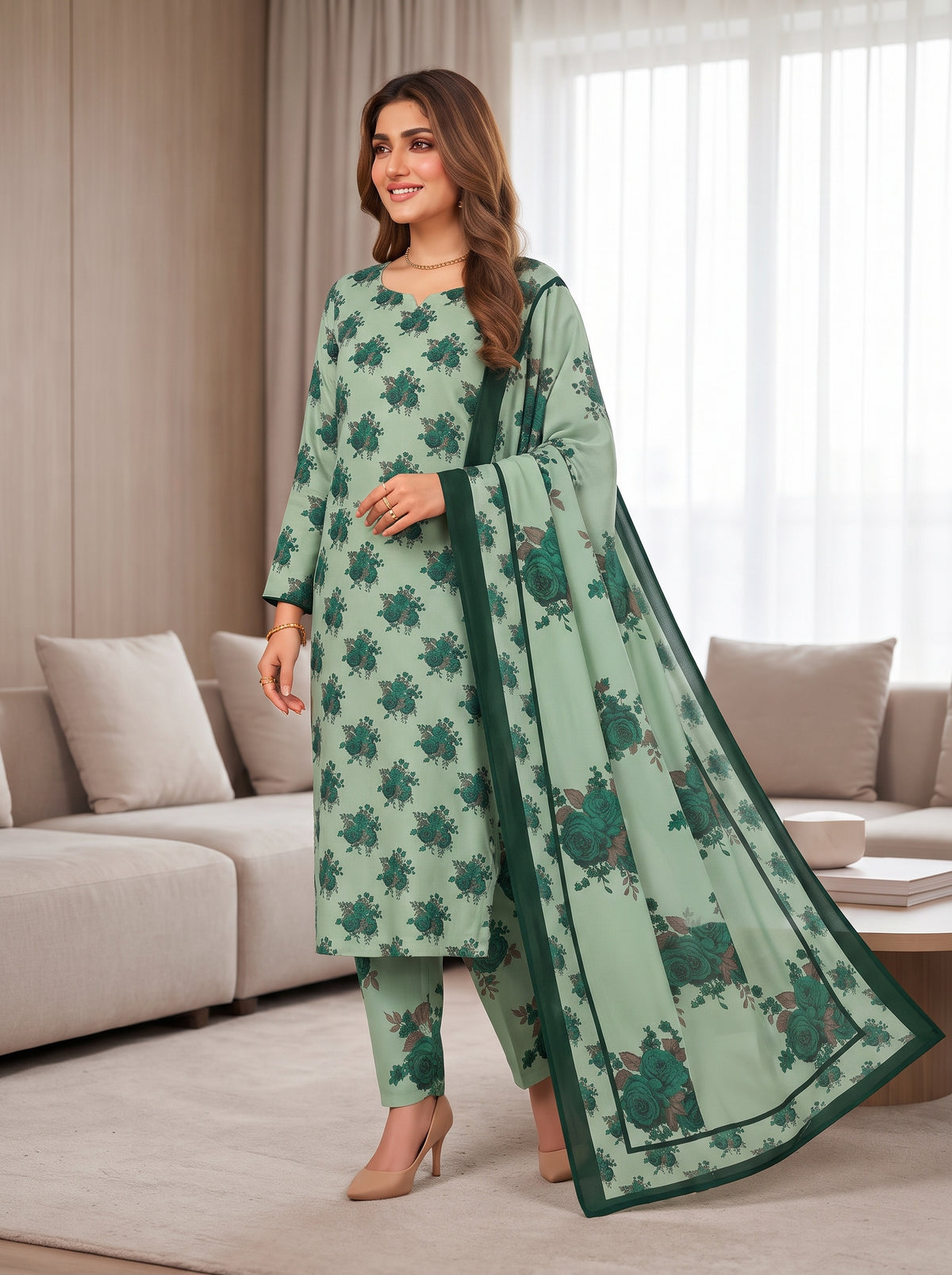 Mint Green Printed Shamooz Silk 3 Piece Suit