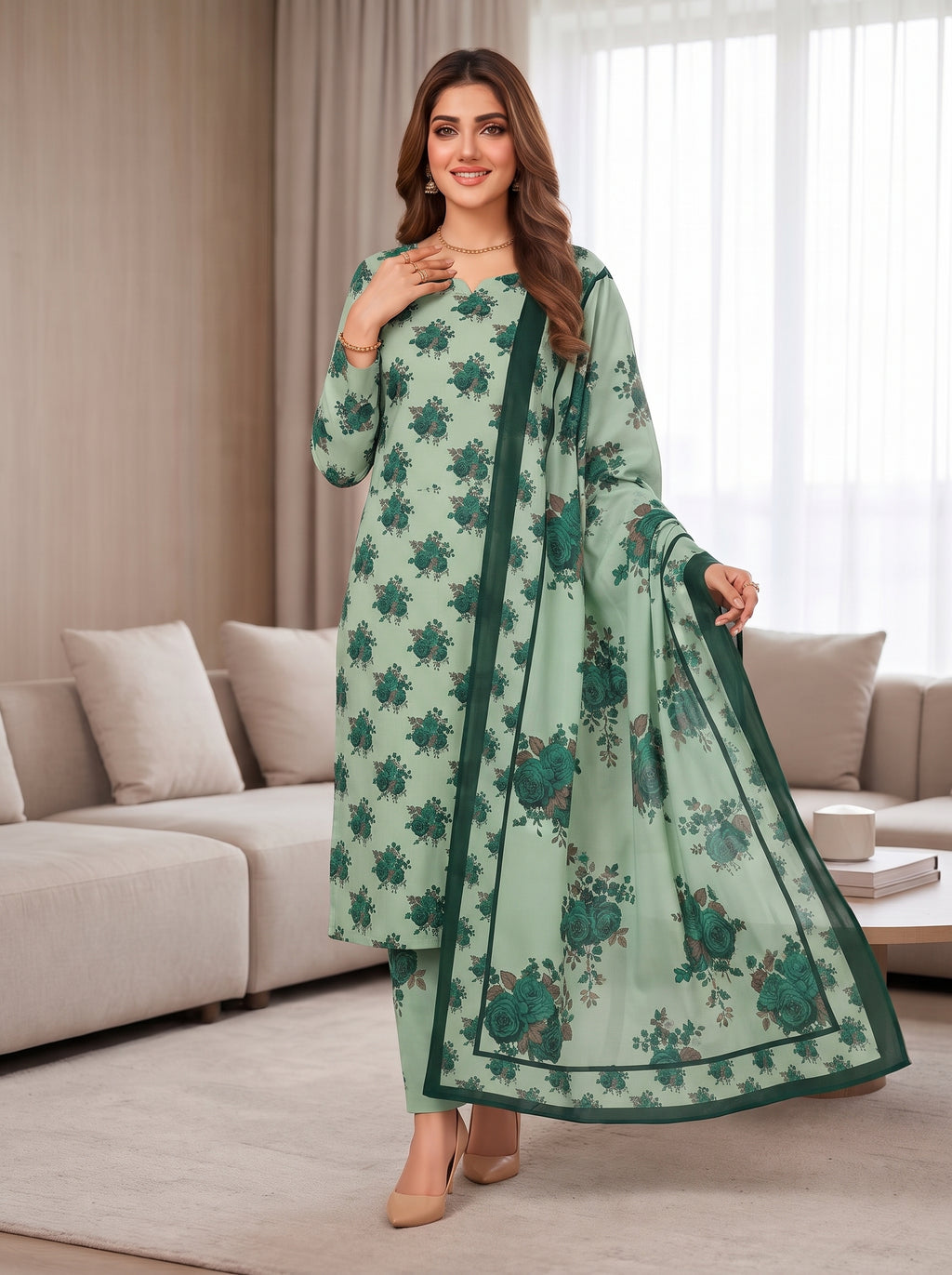 Mint Green Printed Shamooz Silk 3 Piece Suit
