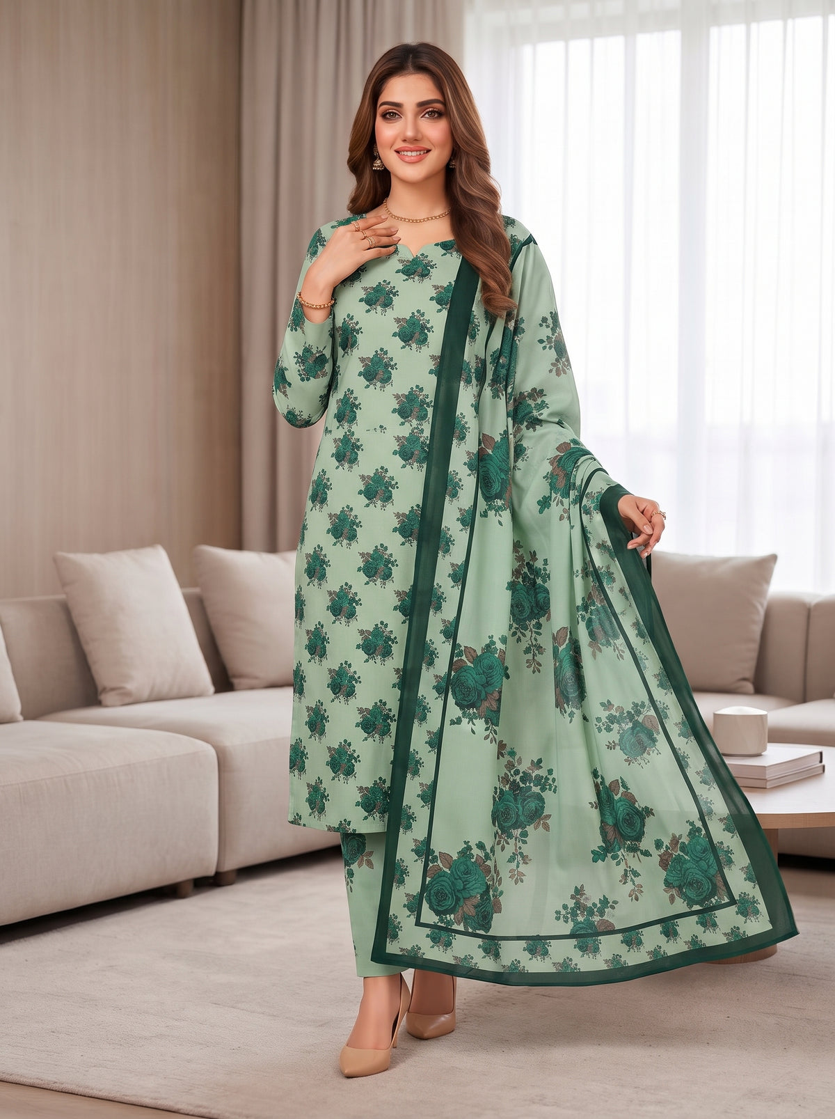 Mint Green Printed Shamooz Silk 3 Piece Suit