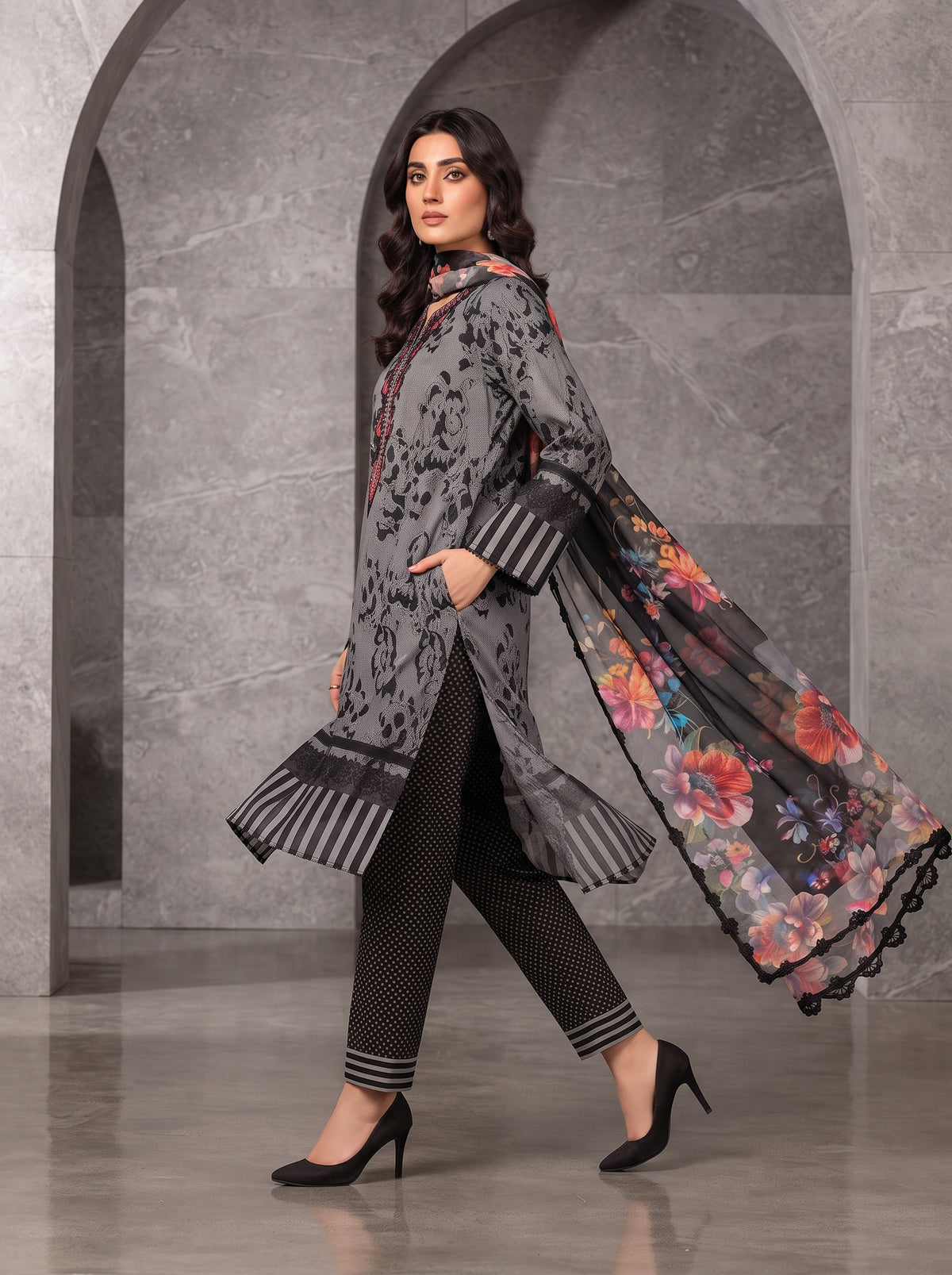 Grey & Black Printed Shamooz Silk 3 Piece Suit