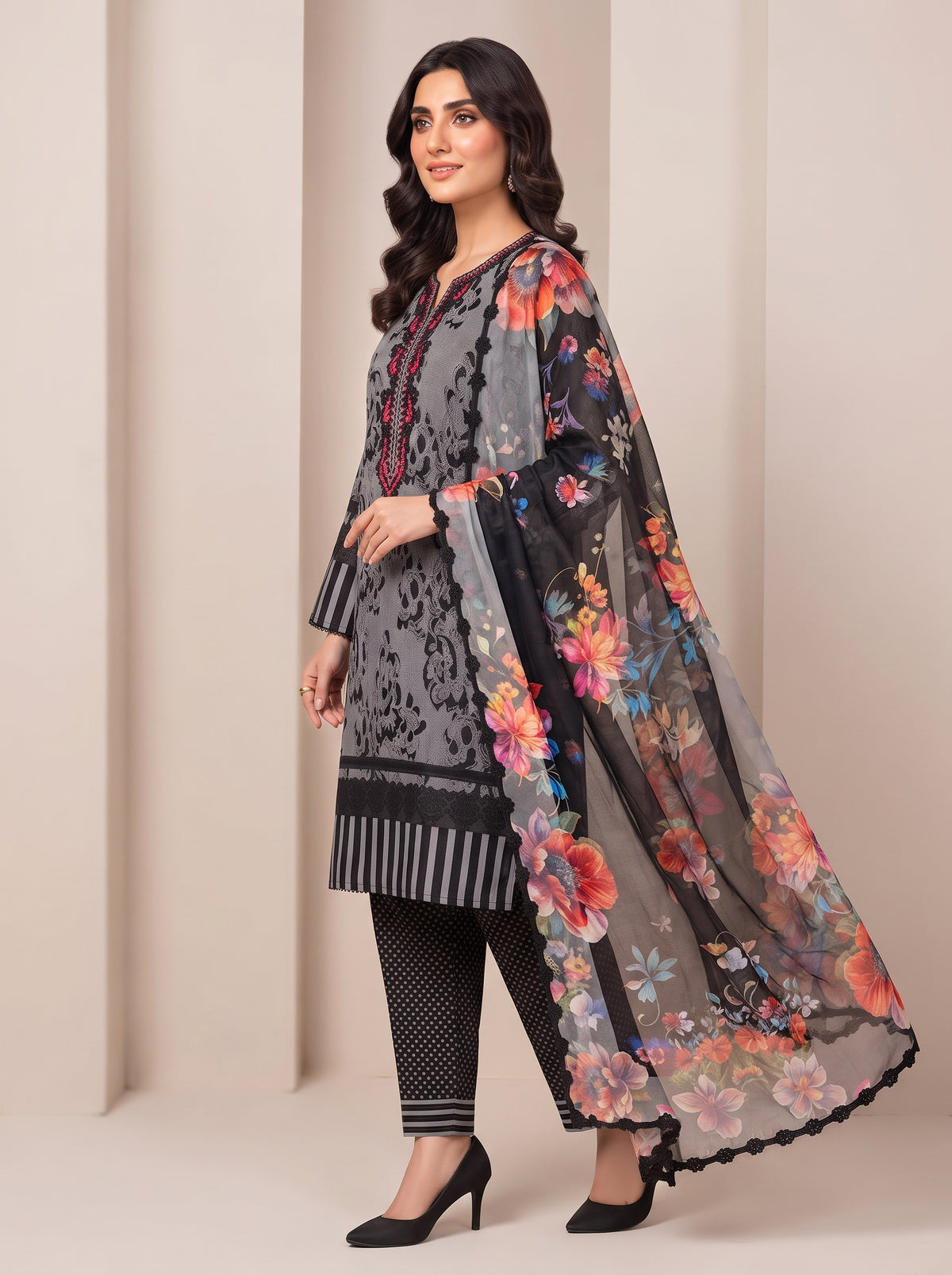 Grey & Black Printed Shamooz Silk 3 Piece Suit