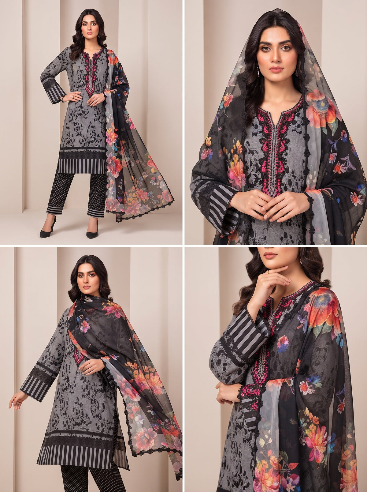Grey & Black Printed Shamooz Silk 3 Piece Suit