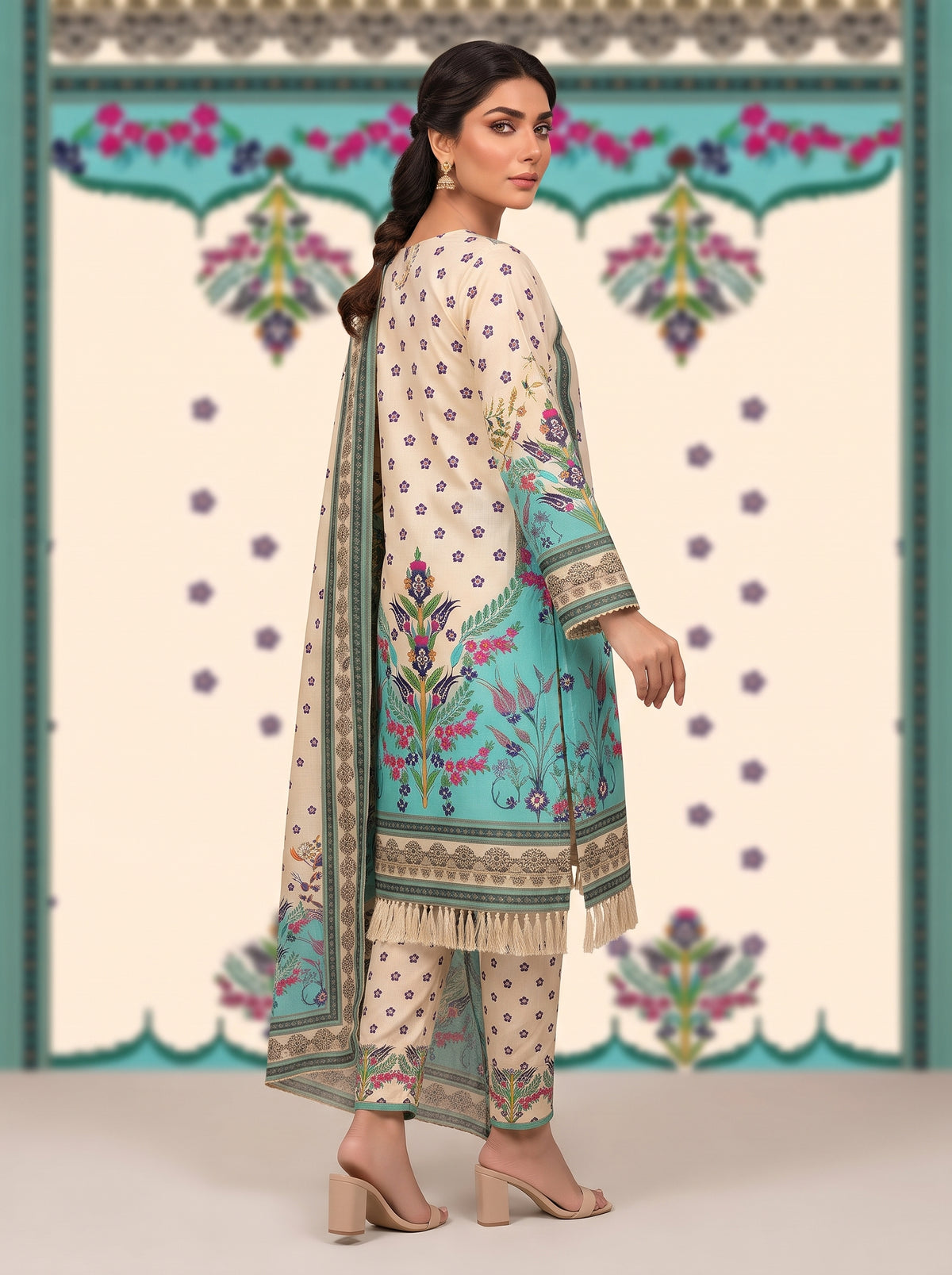 Cream & Turquoise Printed Shamooz Silk 3 Piece Suit