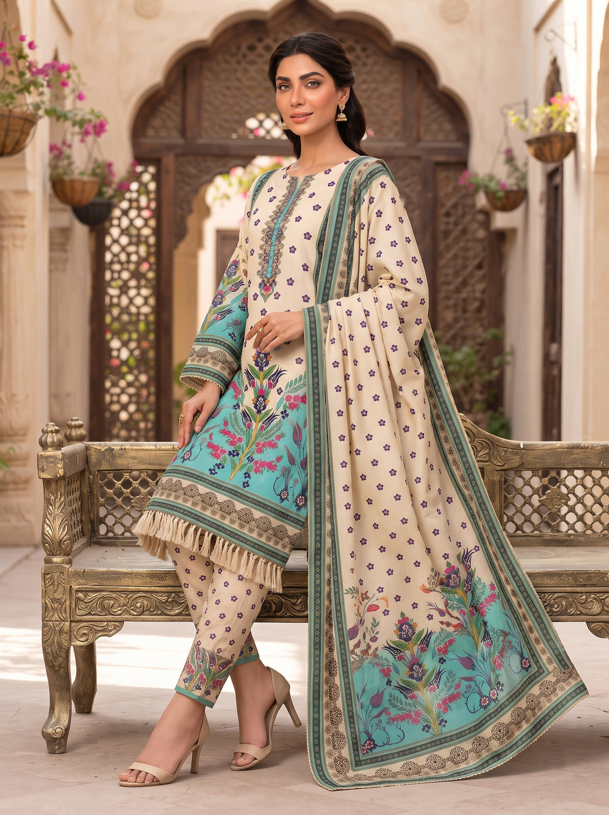 Cream & Turquoise Printed Shamooz Silk 3 Piece Suit
