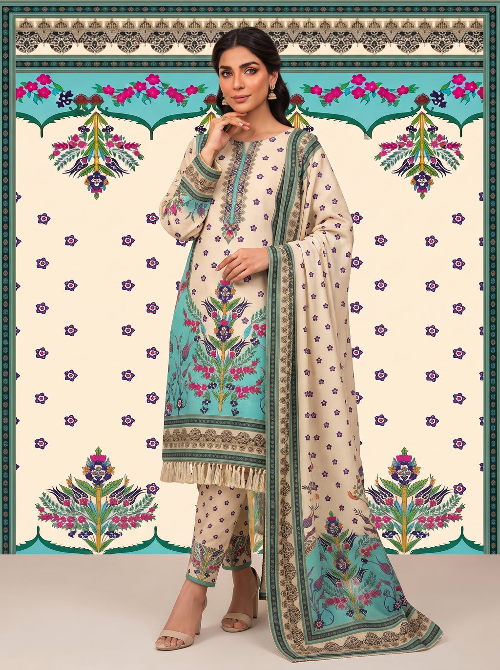 Cream & Turquoise Printed Shamooz Silk 3 Piece Suit