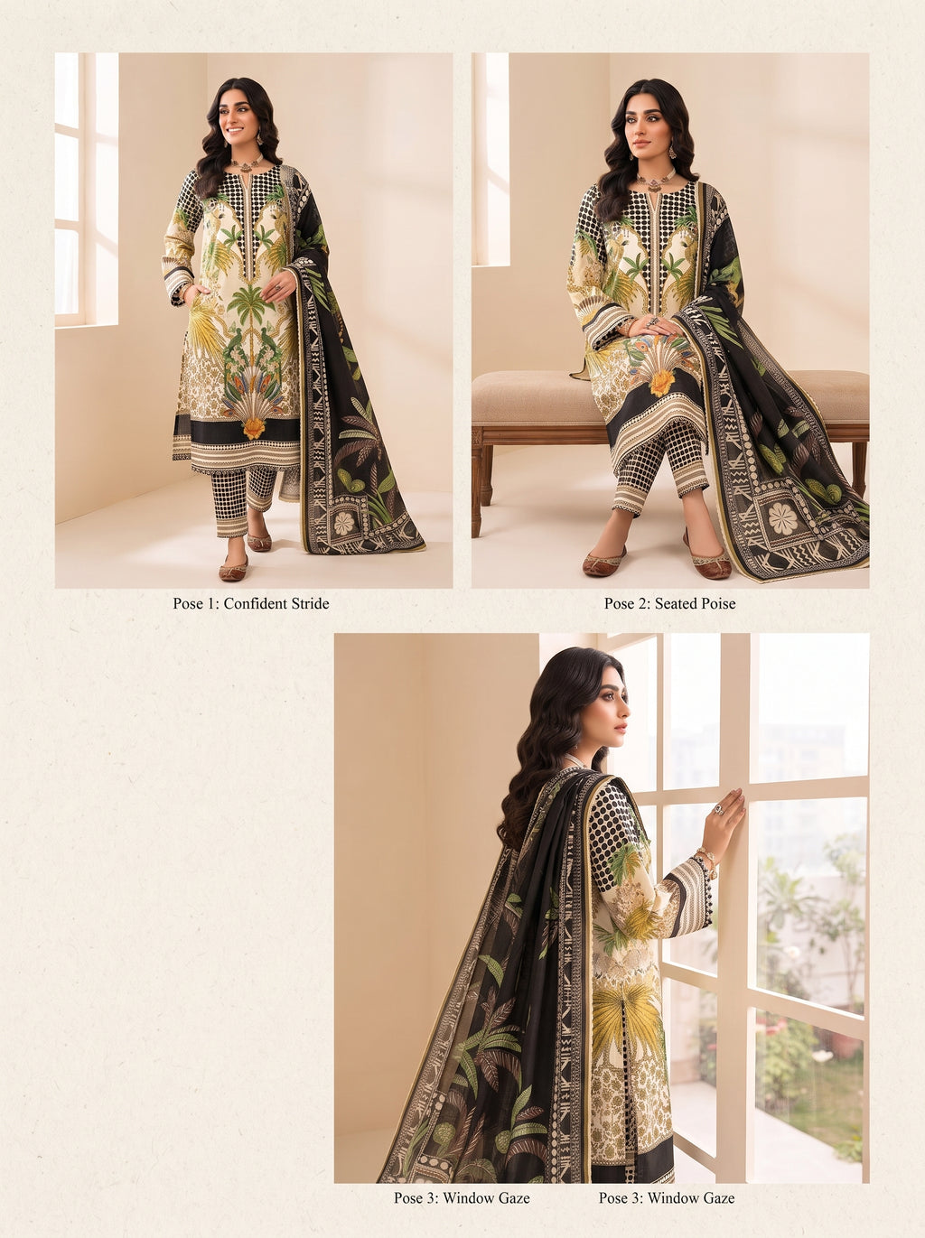 Off-White & Black Tropical Printed Shamooz Silk 3 Piece Suit