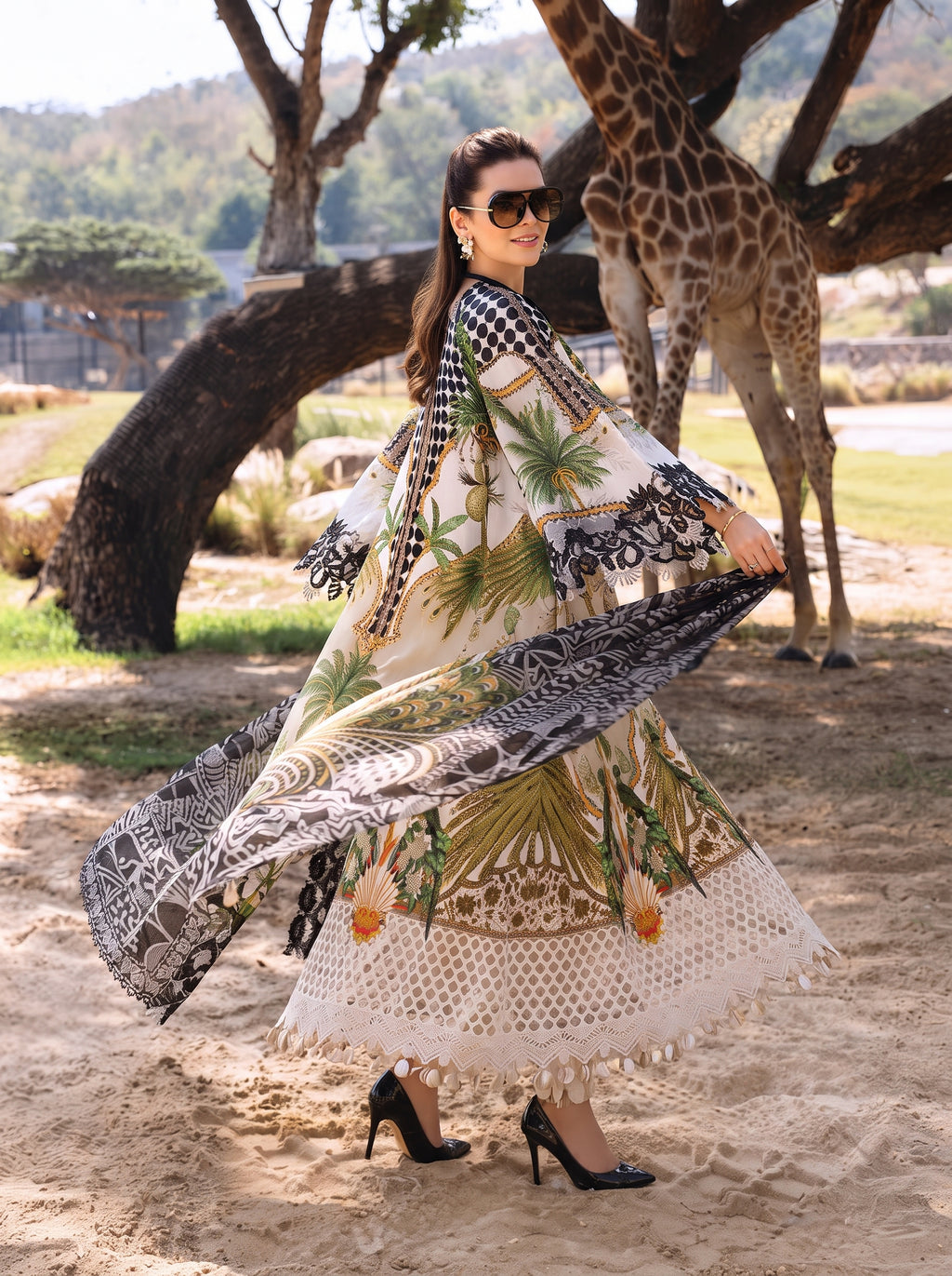 Off-White & Black Tropical Kaftan Style Shamooz Silk 3 Piece Suit