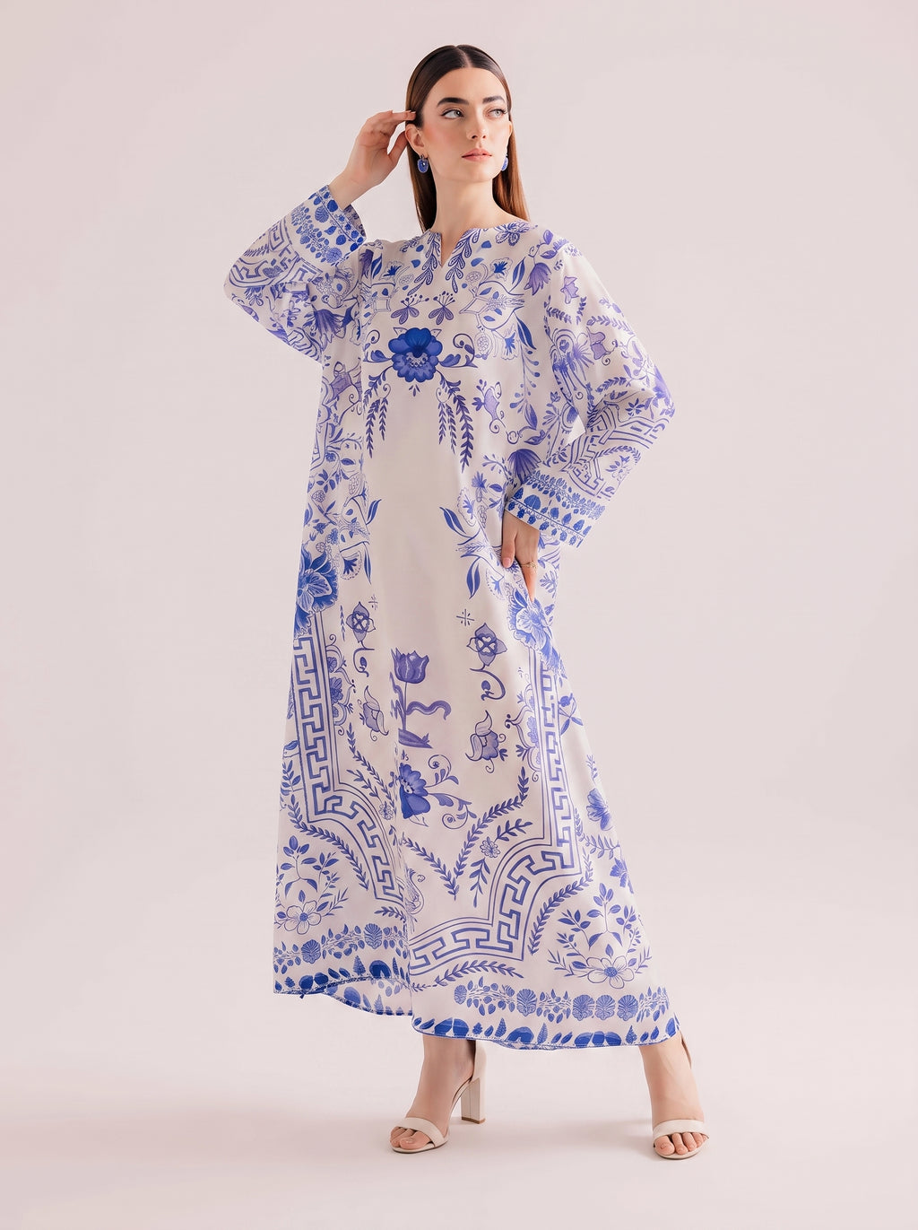 White & Porcelain Blue Printed Shamooz Silk 3 Piece Suit