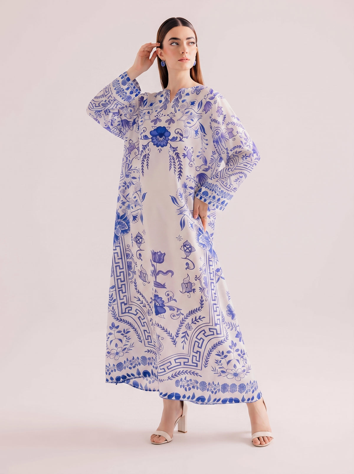 White & Porcelain Blue Printed Shamooz Silk 3 Piece Suit
