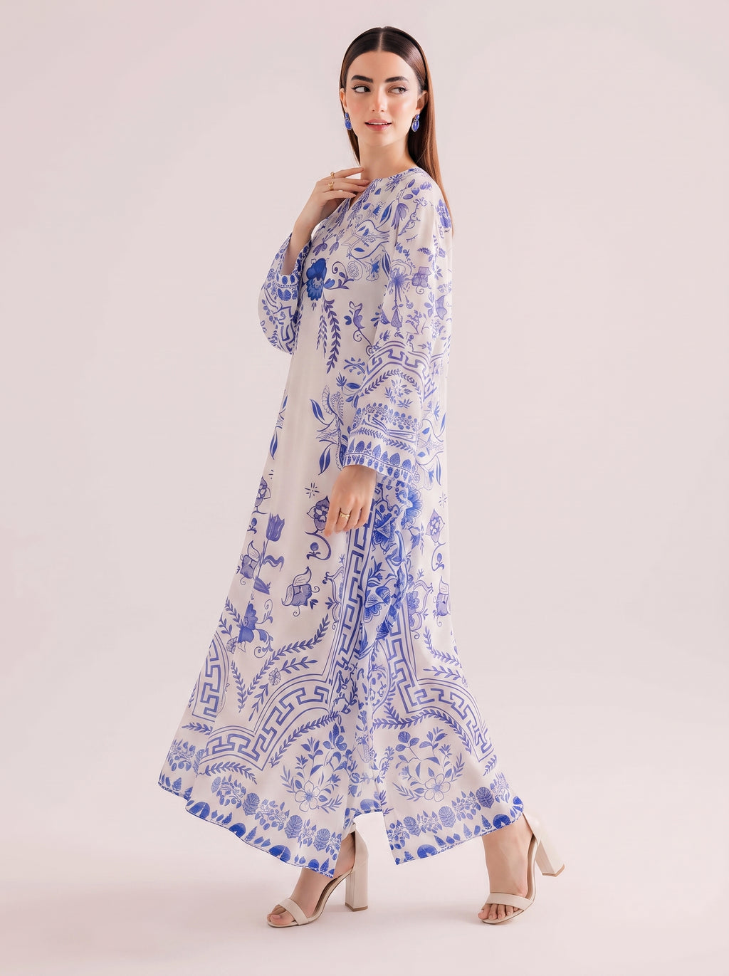 White & Porcelain Blue Printed Shamooz Silk 3 Piece Suit