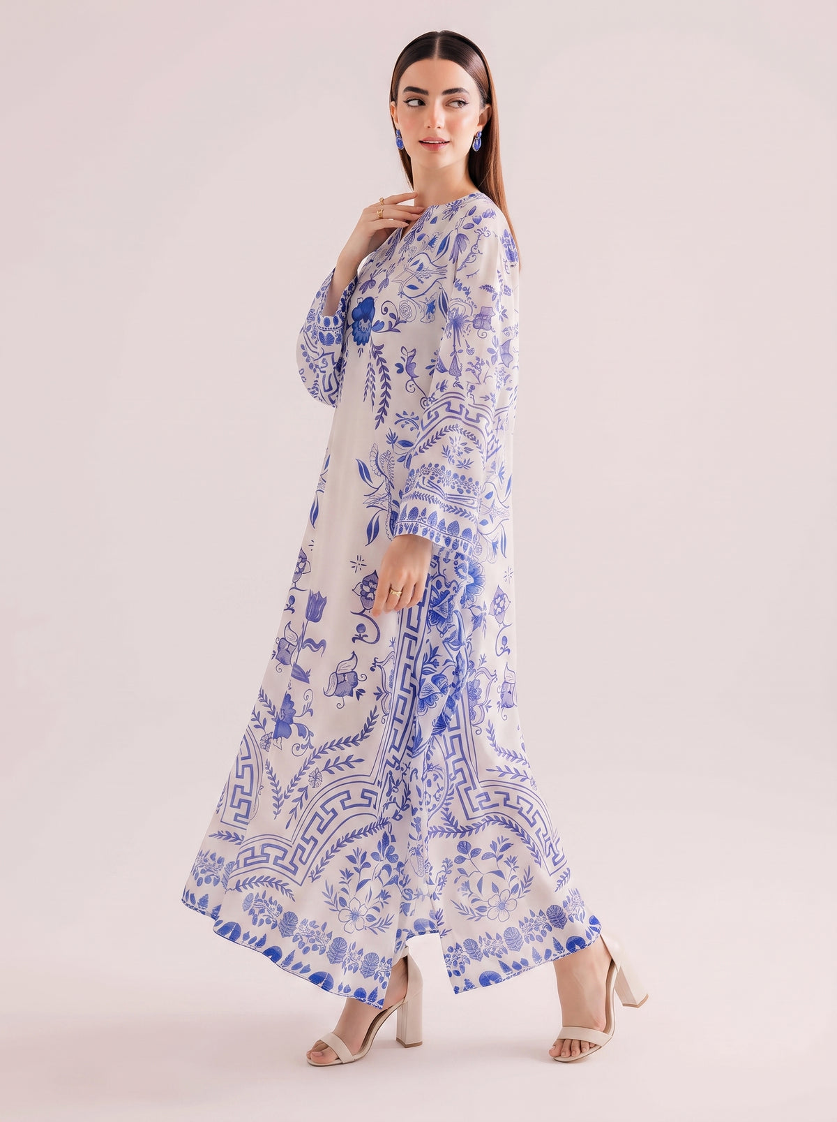 White & Porcelain Blue Printed Shamooz Silk 3 Piece Suit