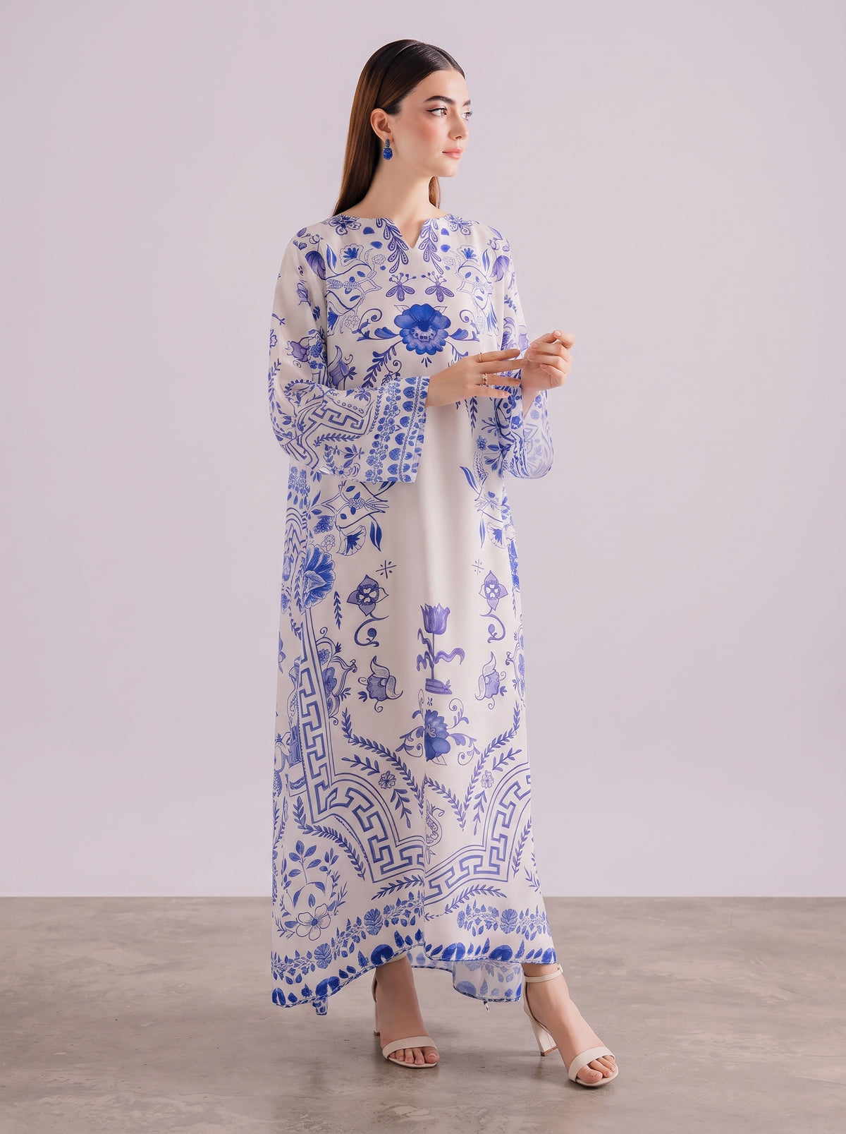 White & Porcelain Blue Printed Shamooz Silk 3 Piece Suit
