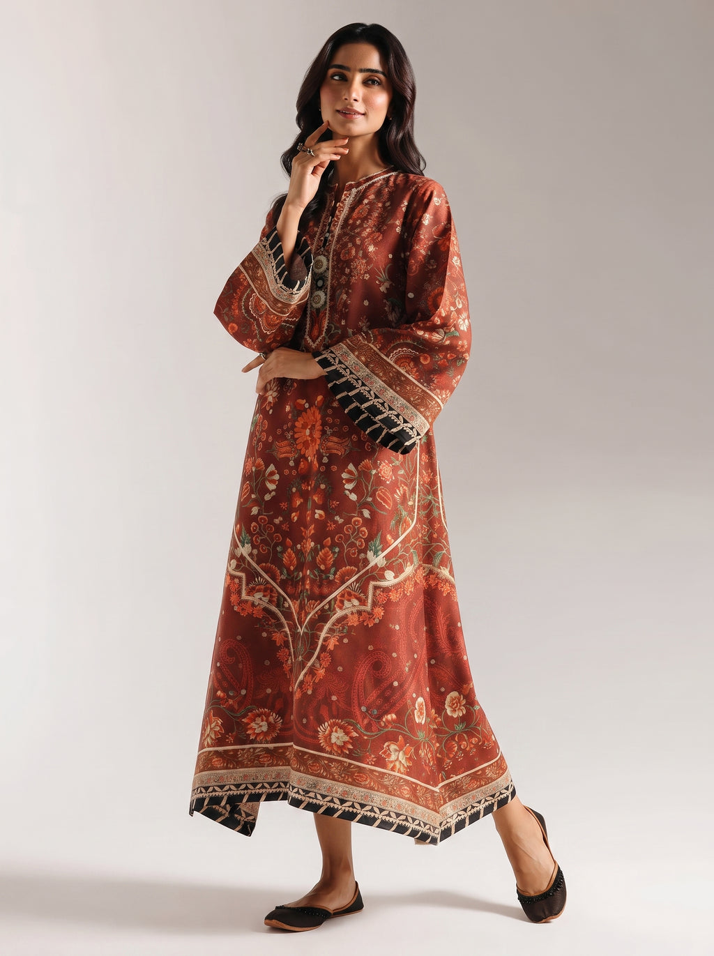 Rust & Maroon Floral Printed Shamooz Silk 3 Piece Suit